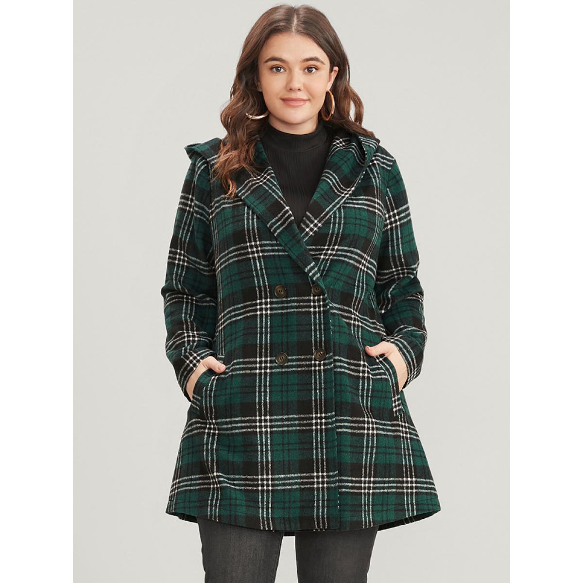 Plus Size Plaid Double Breasted Pocket Hooded Coat Women DarkGreen Casual Pocket Ladies Dailywear Winter Coats BloomChic 14-16/1X Product Image