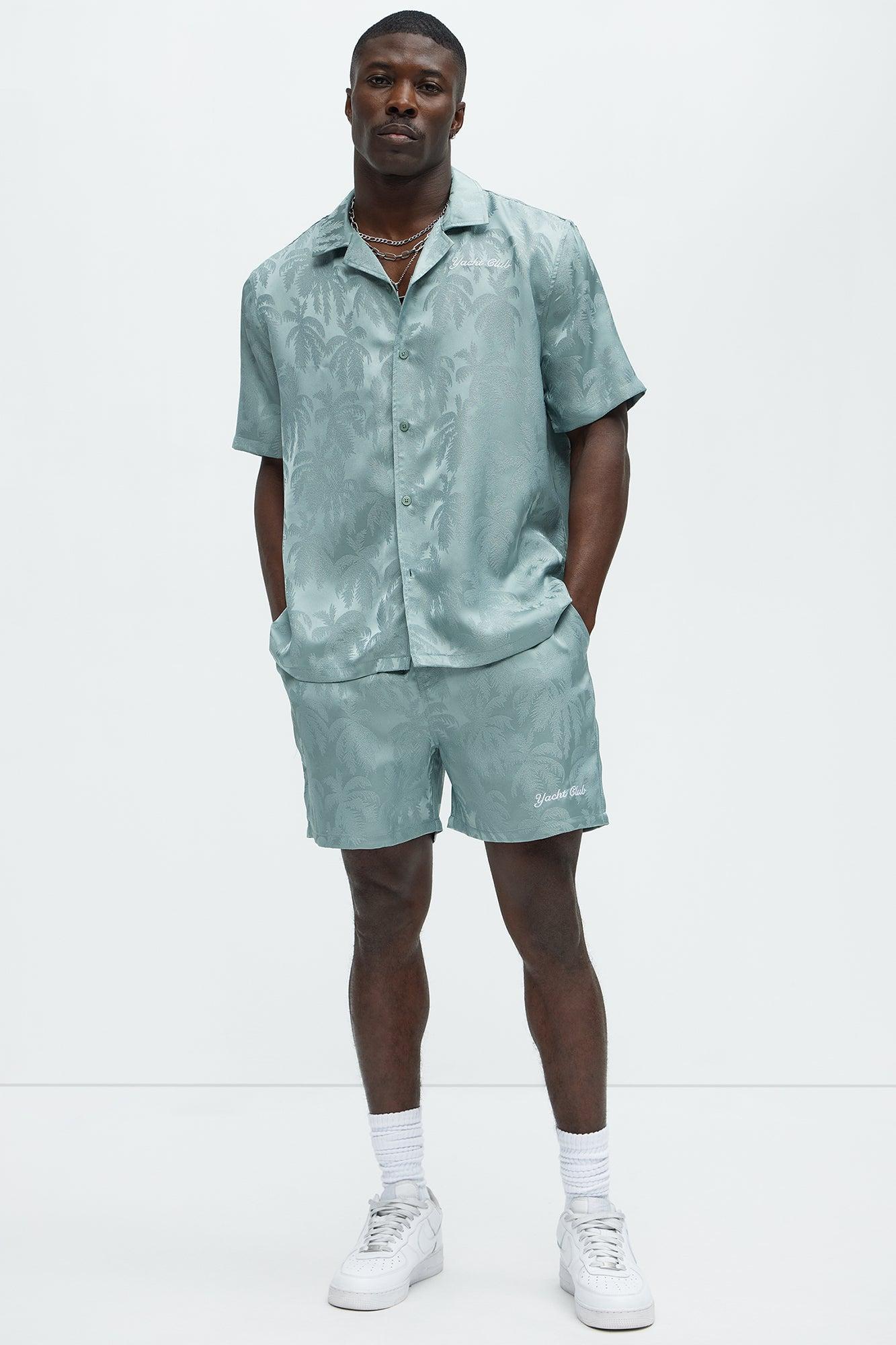Palm Trees Jacquard Short Sleeve Button Up Shirt - Green Product Image