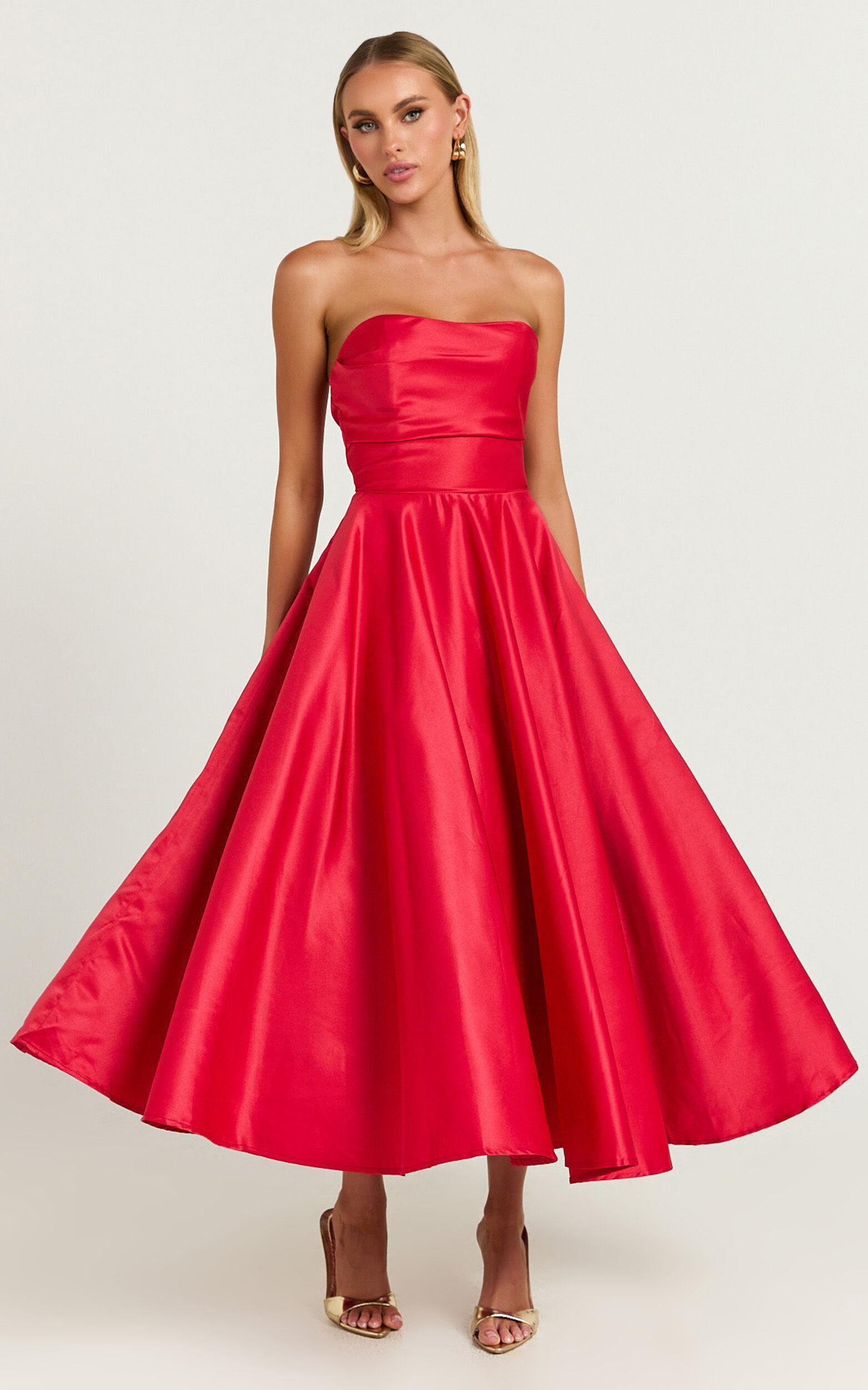 Helaina Midi Dress - Strapless A-Line Satin Dress in Red Product Image