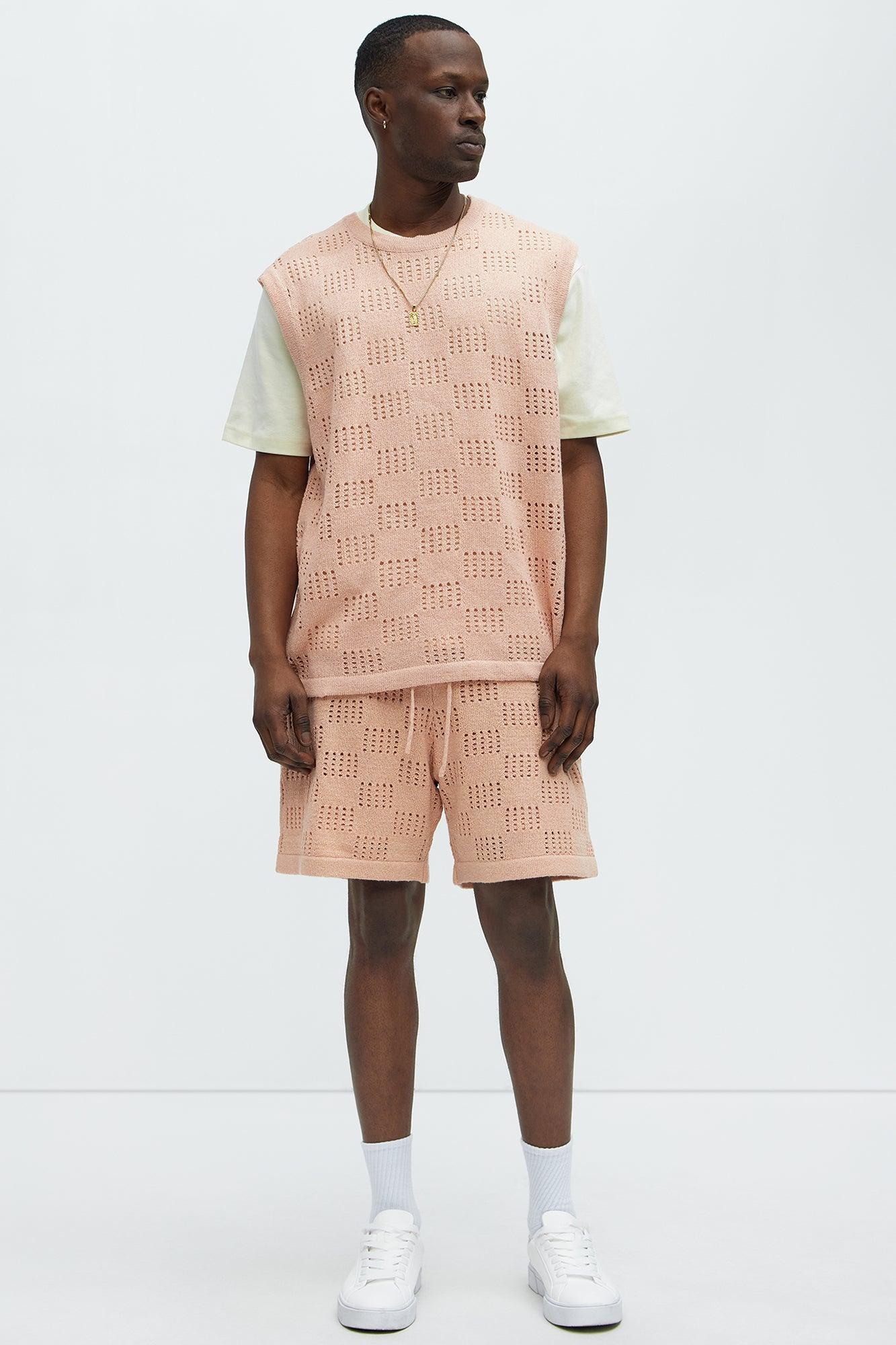 Checkered Open Knit Shorts - Pink Product Image