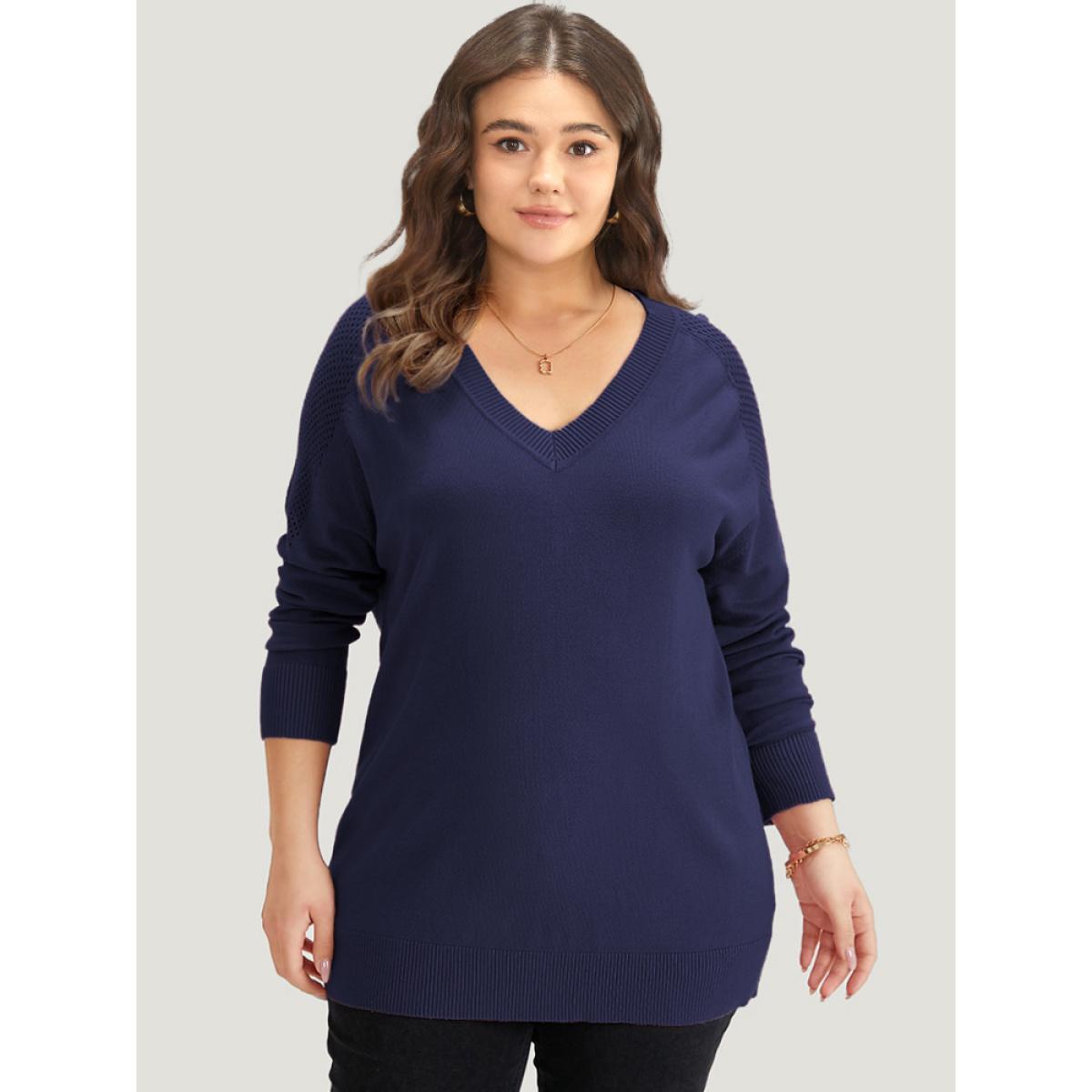 Plus Size Supersoft Essentials Solid Cut Out Patchwork Pullover Midnight Women Casual Loose Long Sleeve V-neck Dailywear Pullovers BloomChic 30/6X Product Image