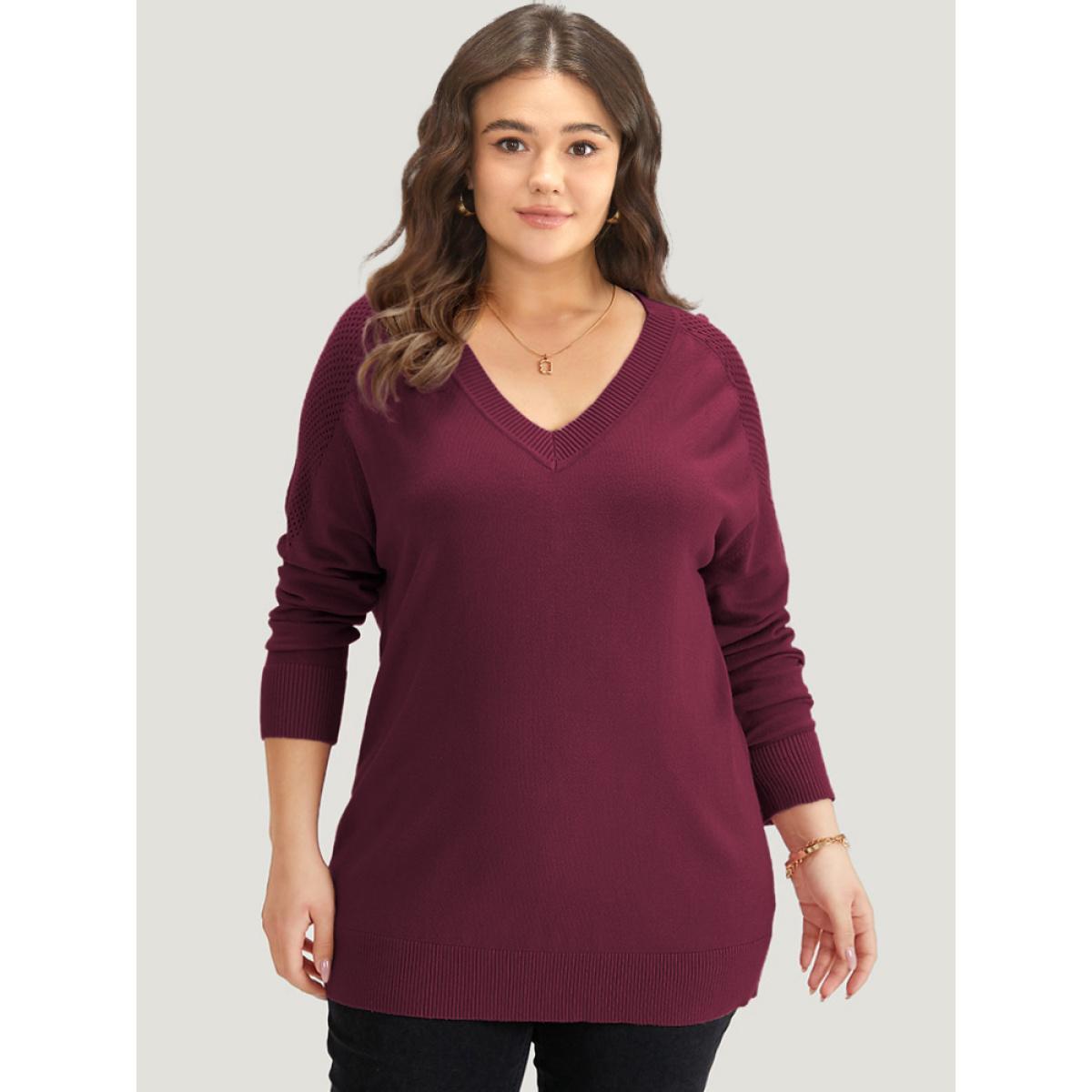 Plus Size Supersoft Essentials Solid Cut Out Patchwork Pullover Midnight Women Casual Loose Long Sleeve V-neck Dailywear Pullovers BloomChic 30/6X Product Image