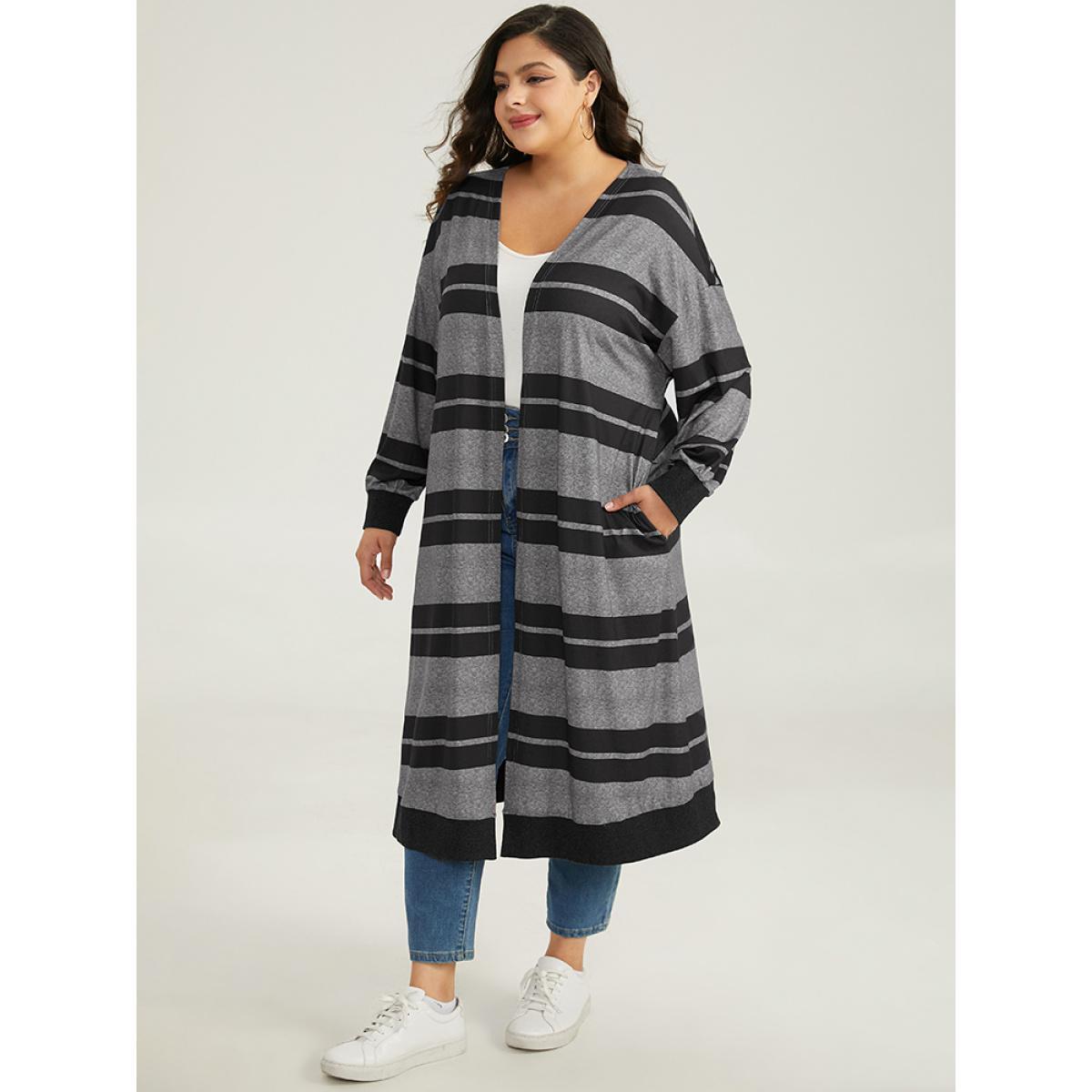 Plus Size Halloween Rib Knit Striped Pocket Contrast Kimono Women Black Casual Elastic cuffs Pocket Dailywear Kimonos BloomChic 26/4X Product Image