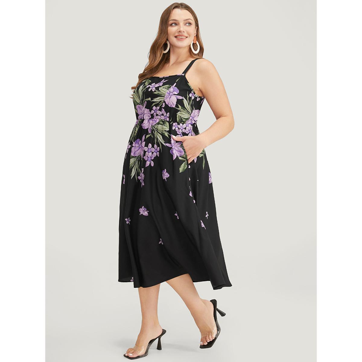 Plus Size Floral Pocket Adjustable Straps Ruffle Hem Cami Dress Black Women Elegant Adjustable Straps Spaghetti Strap Sleeveless Curvy Midi Dress BloomChic 12/L Product Image