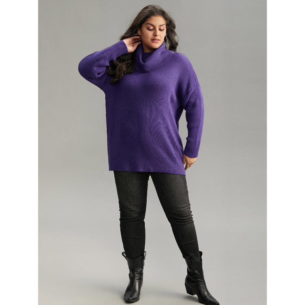 Plus Size Plain Turtleneck Texture Elastic Cuffs Pullover BlueViolet Women Casual Loose Long Sleeve Turtleneck Dailywear Pullovers BloomChic 12/L Product Image