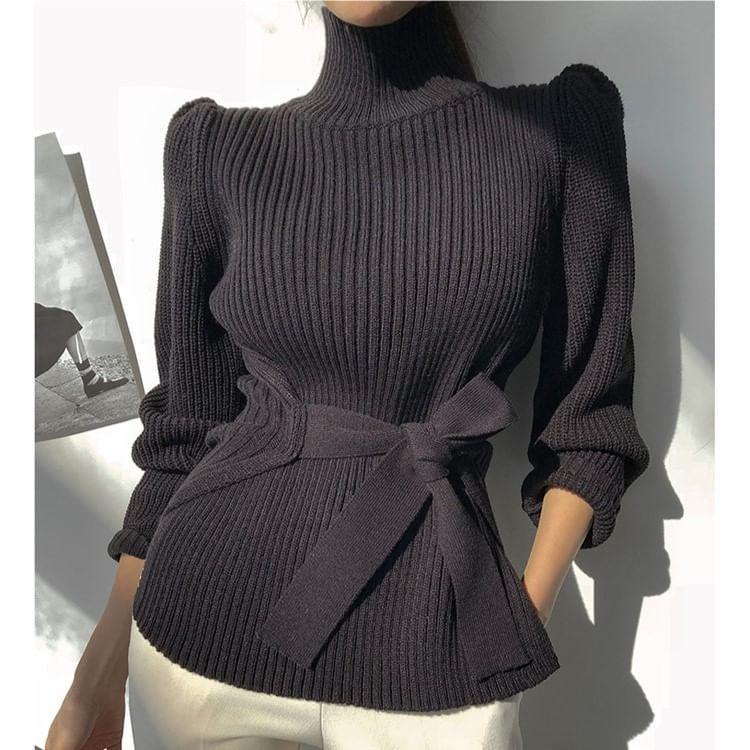 Long-Sleeve Turtleneck Plain Knit Top Product Image