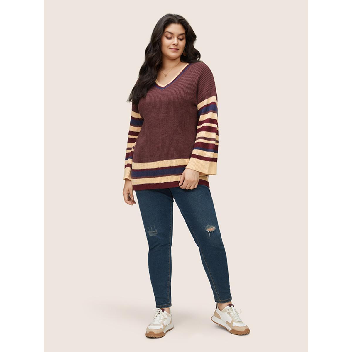 Plus Size Striped Contrast Knit Drop Shoulder Pullover DarkBrown Women Casual Loose Long Sleeve V-neck Dailywear Pullovers BloomChic 12/L Product Image