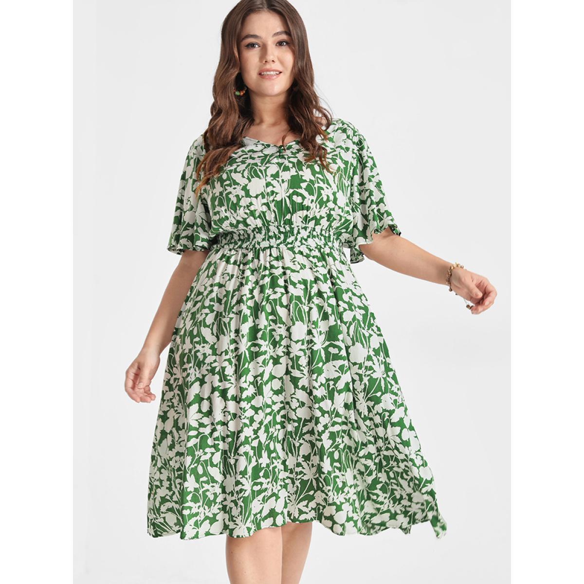 Plus Size Ditsy Floral Shirred Button Ruffles Knee Dress LightGreen Women Elegant Printed V-neck Short sleeve Curvy Knee Dress BloomChic 12/L Product Image