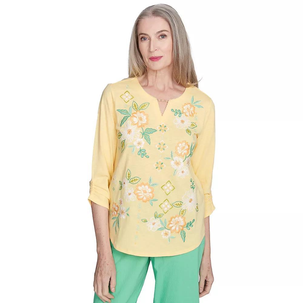 Petite Alfred Dunner Sunny Floral Embroidered Split Neck Top, Women's, Size: XL Petite, Yellow Product Image