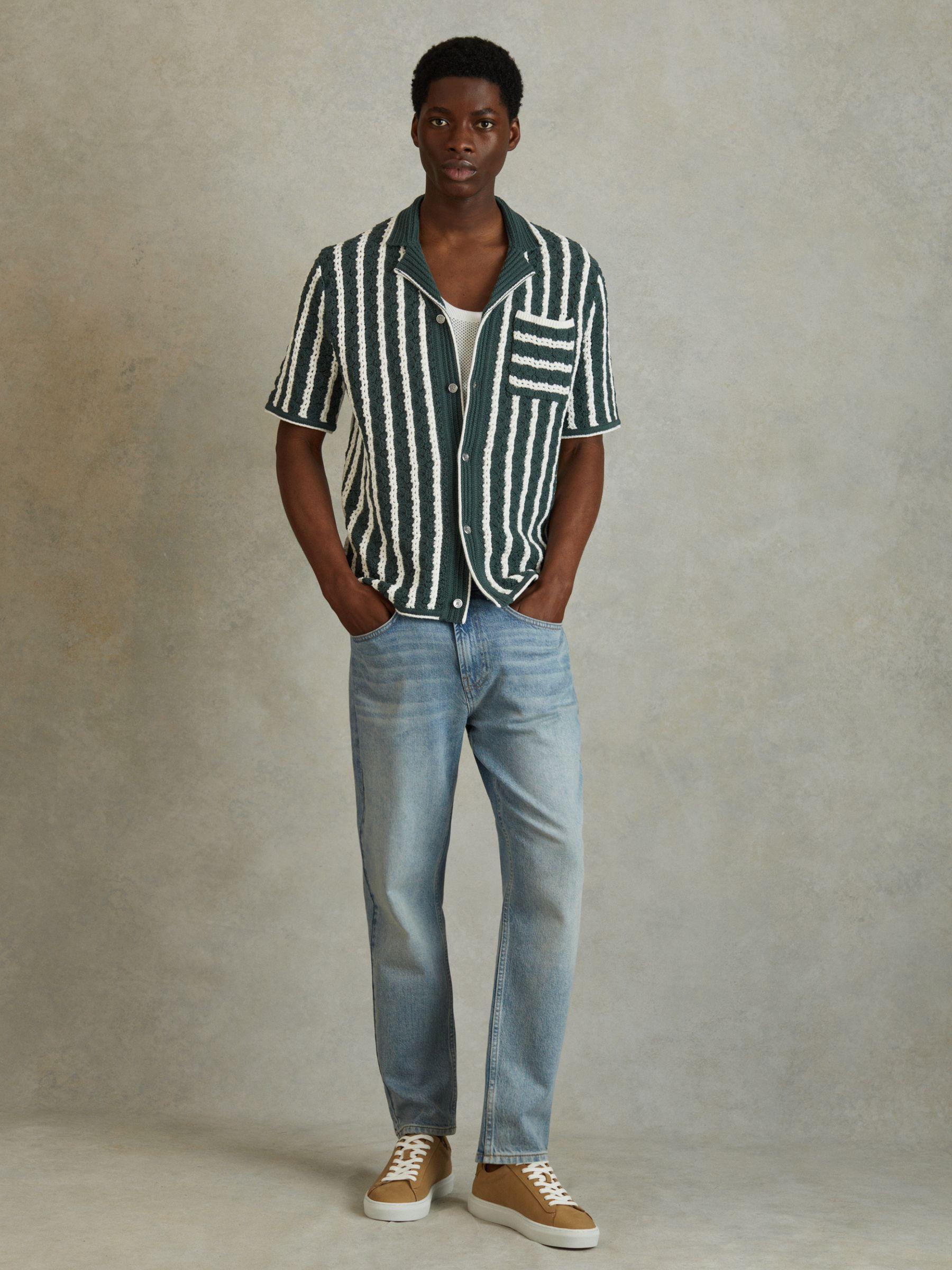 Oversized Crochet Striped Cuban Collar Shirt in Green/White Product Image