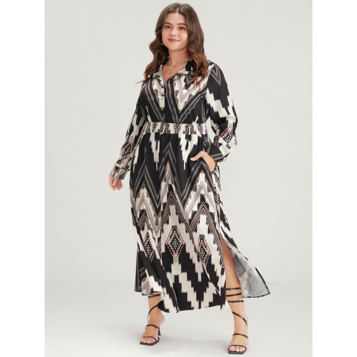 Plus Size Geometric Shirt Collar Pocket Button Up Shirred Dress Black Women Elegant Printed Shirt collar Long Sleeve Curvy Long Dress BloomChic 14-16/1X Product Image