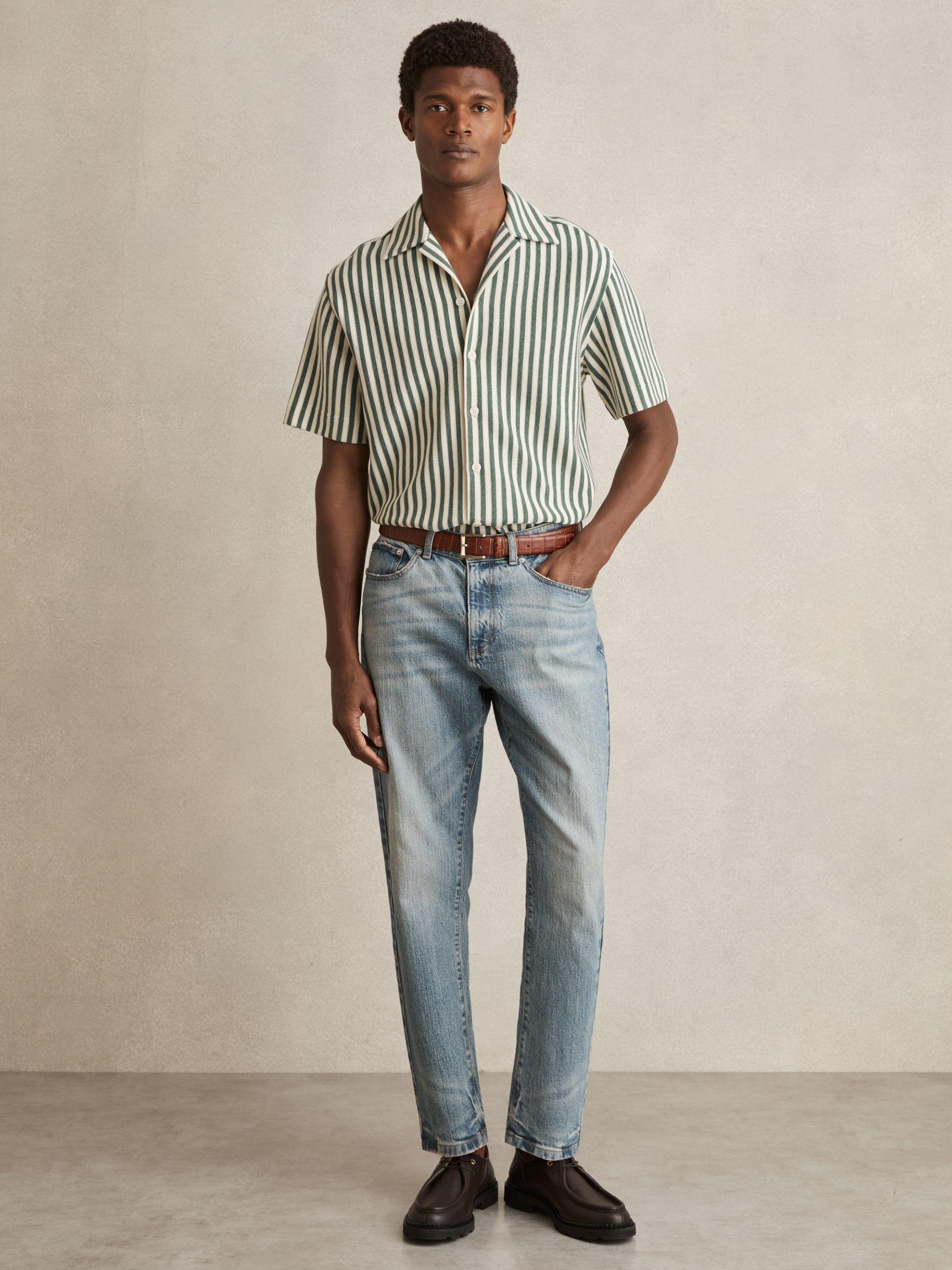 Textured Stripe Cuban-Collar Shirt in Green/White Product Image