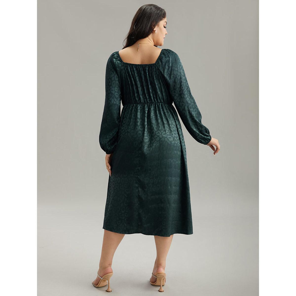 Plus Size Leopard Square Neck Elastic Waist Ties Dress Cyan Women Glamour Elastic cuffs Square Neck Long Sleeve Curvy Midi Dress BloomChic 22-24/3X Product Image