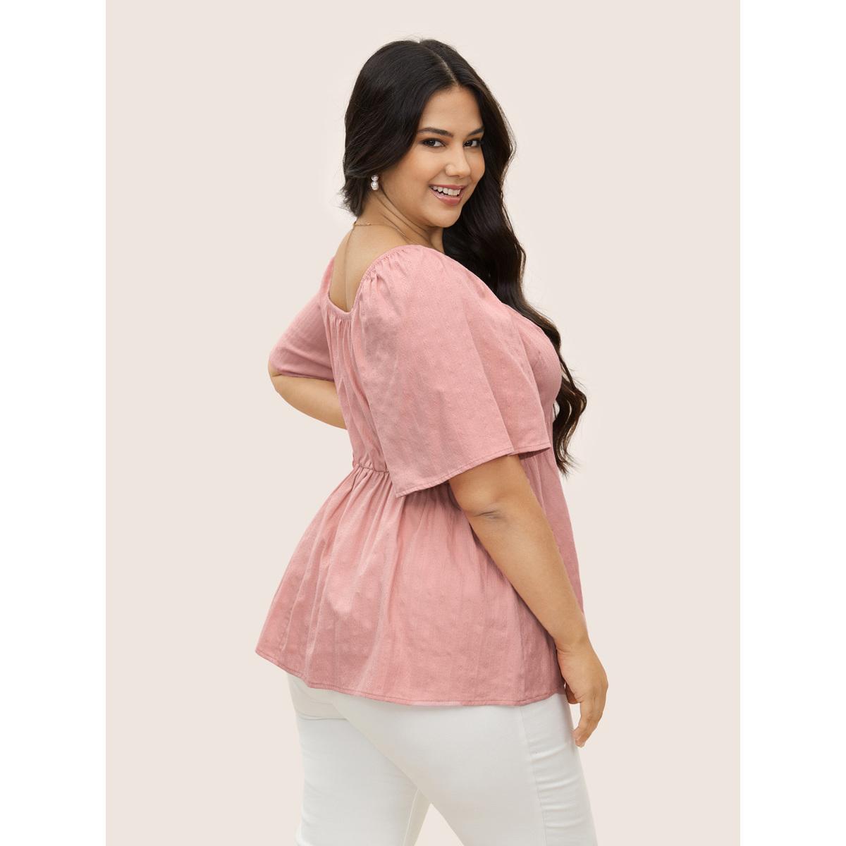 Plus Size Rouge Plain Heart Neckline Ruched Ruffle Sleeve Blouse Women Elegant Half Sleeve Heart neckline Everyday Blouses BloomChic 26/4X Product Image