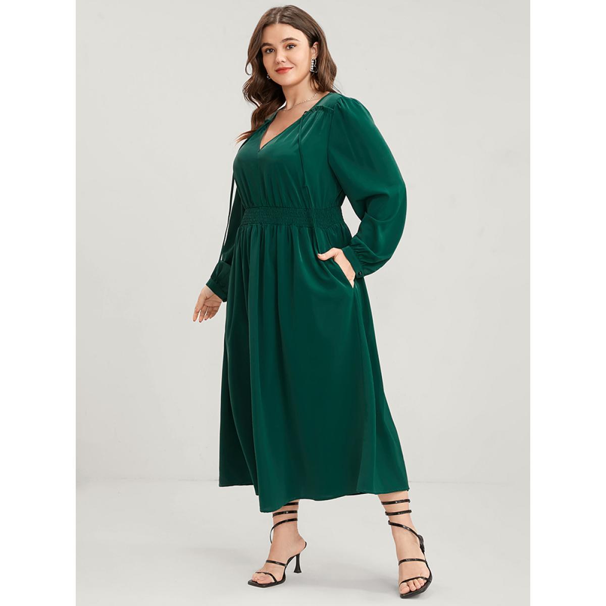 Plus Size Solid Pocket Shirred Tie V Neck Ruffle Hem Dress DarkGreen Women Elegant Cross straps V-neck Long Sleeve Curvy Midi Dress BloomChic 14-16/1X Product Image