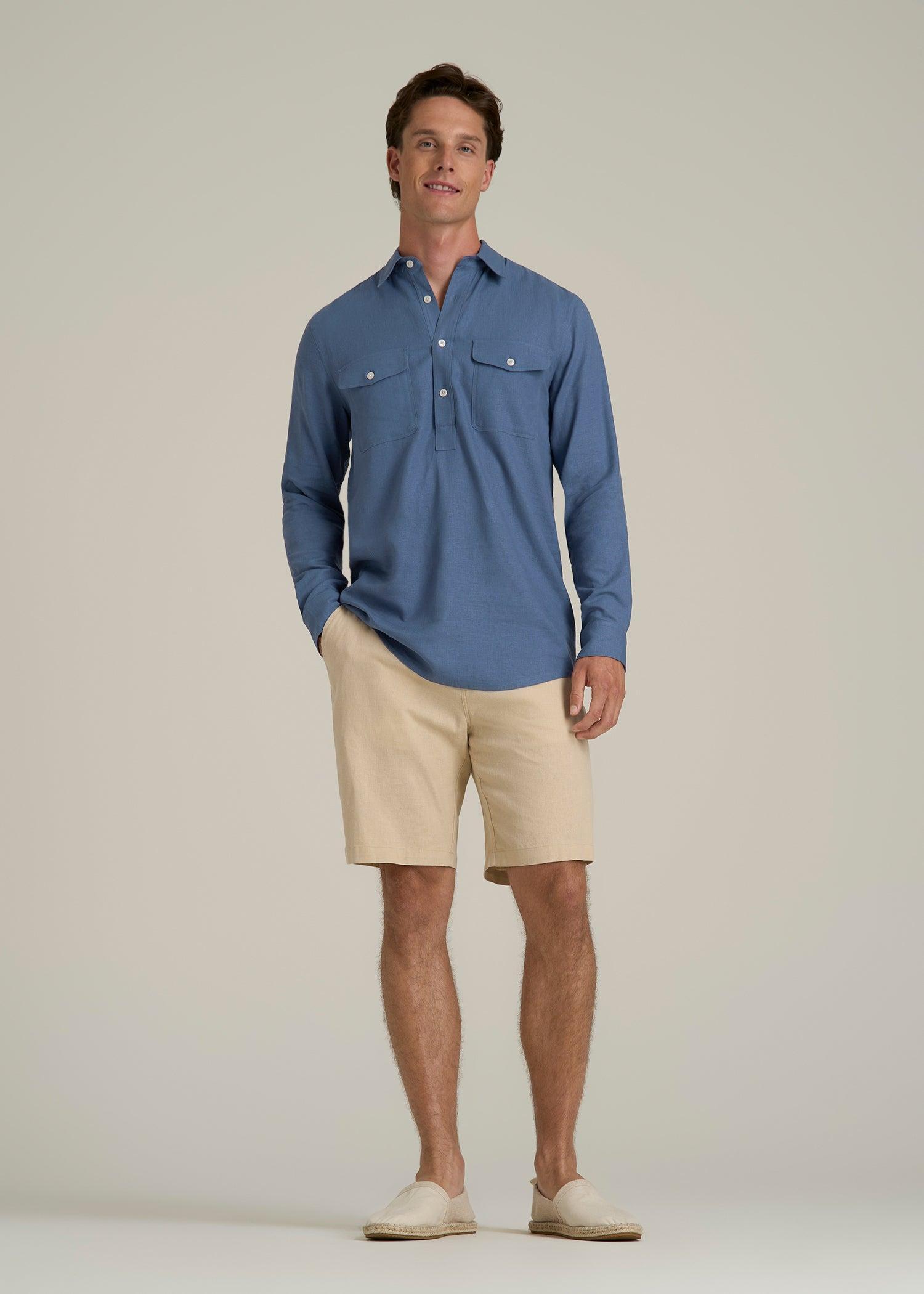 Linen Popover Shirt for Tall Men in Deep Cobalt Male Product Image