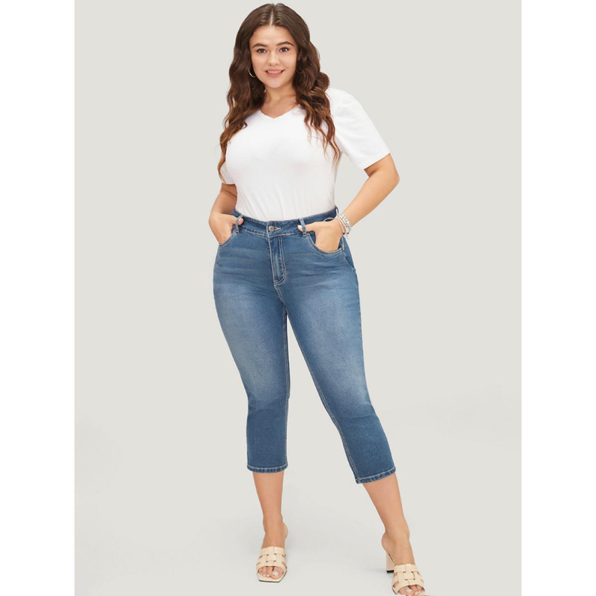 Plus Size Skinny Very Stretchy High Rise Medium Wash Cropped Jeans Women Indigo Casual Plain High stretch Side seam pocket Jeans BloomChic 10/M Product Image