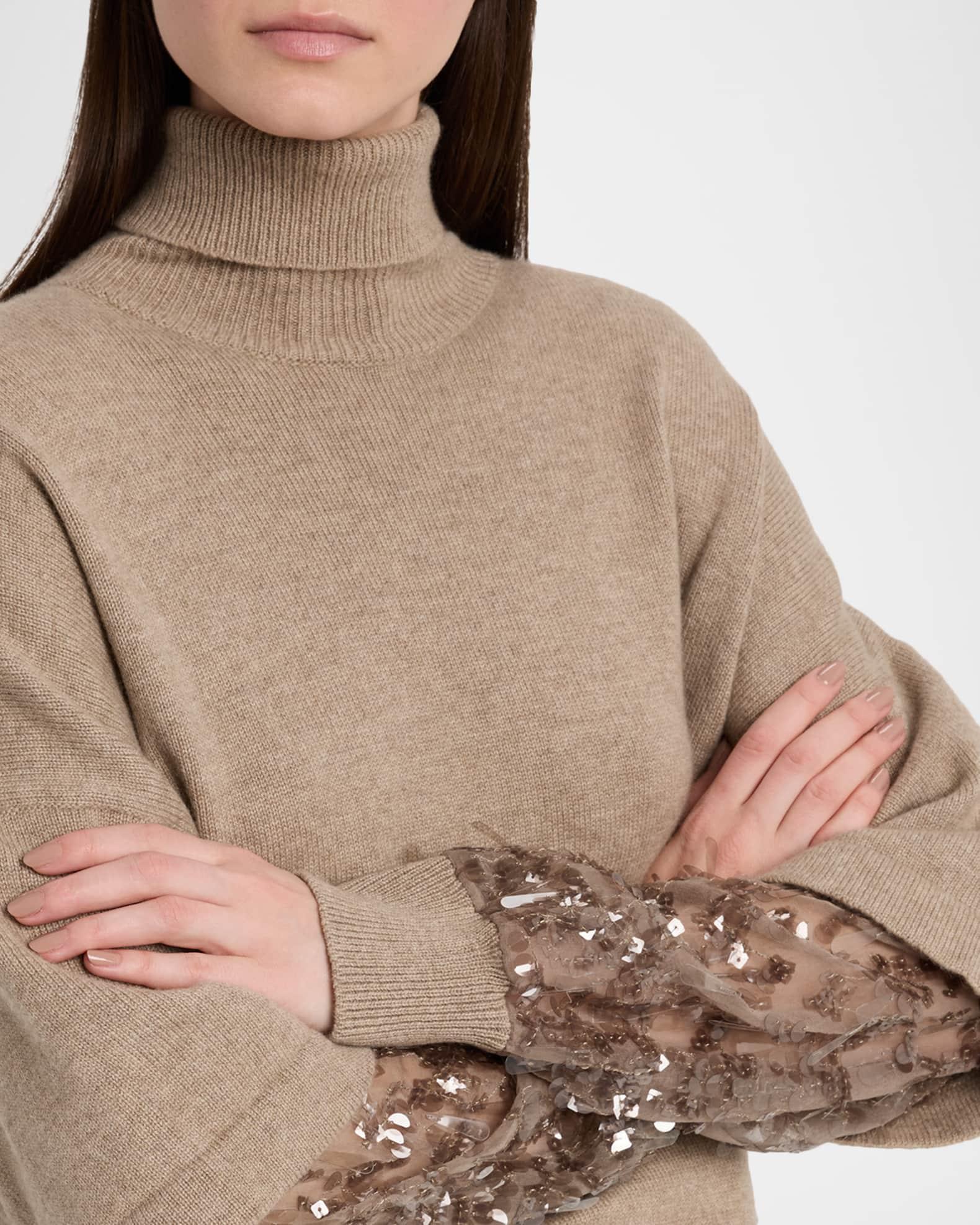 Cashmere Turtleneck Sweater with Sheer Sequined Sleeves Product Image