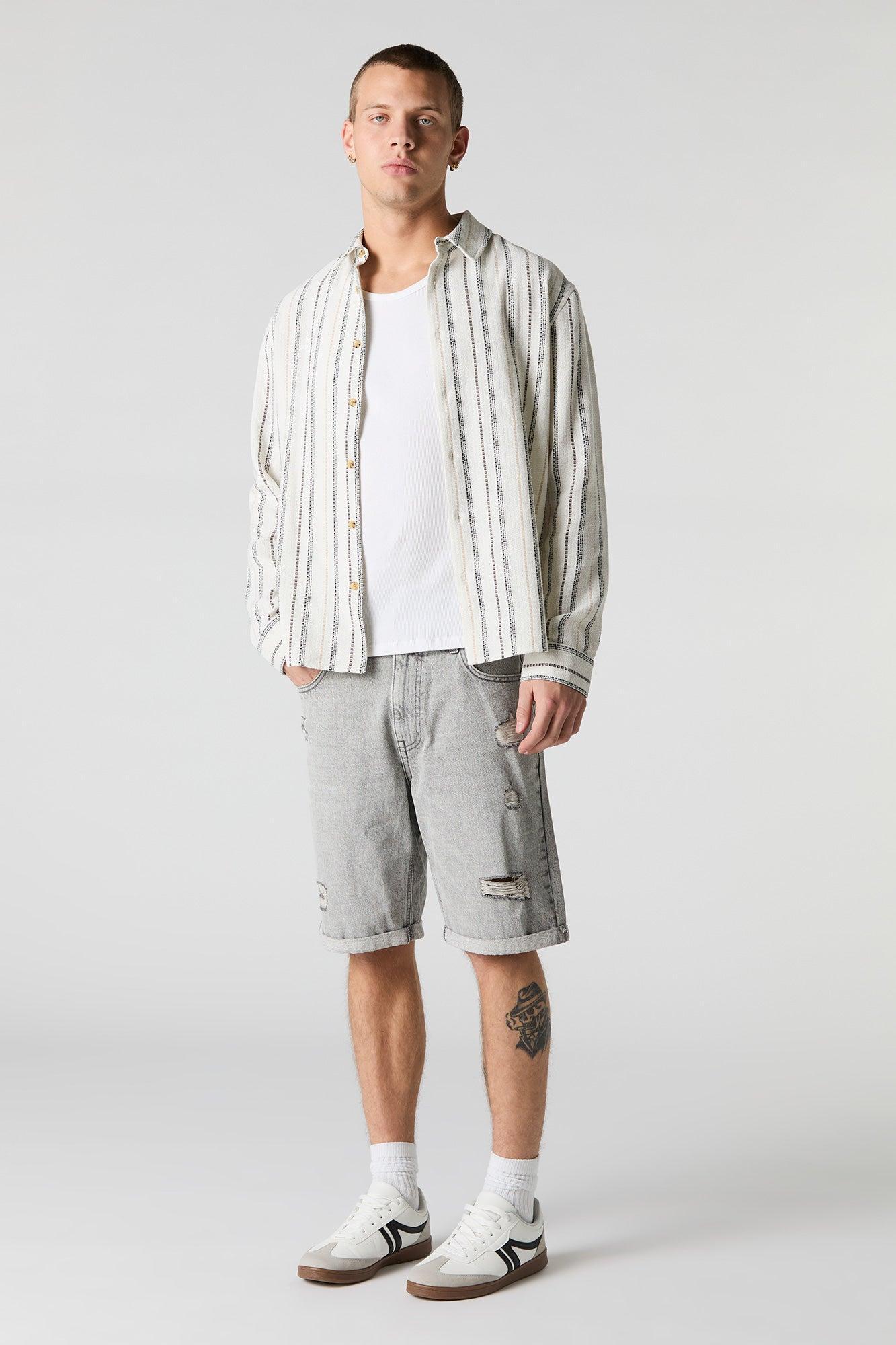 Textured Striped Collared Button-Up Top Male Product Image