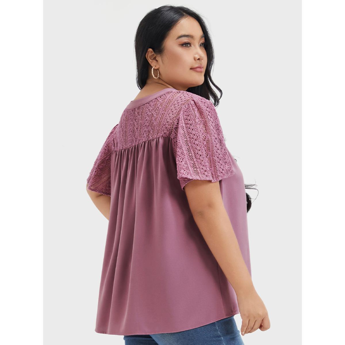 Plus Size DustyPink Plain Contrast Lace Ruffles Button V Neck Blouse Women Casual Short sleeve V-neck Dailywear Blouses BloomChic 18-20/2X Product Image