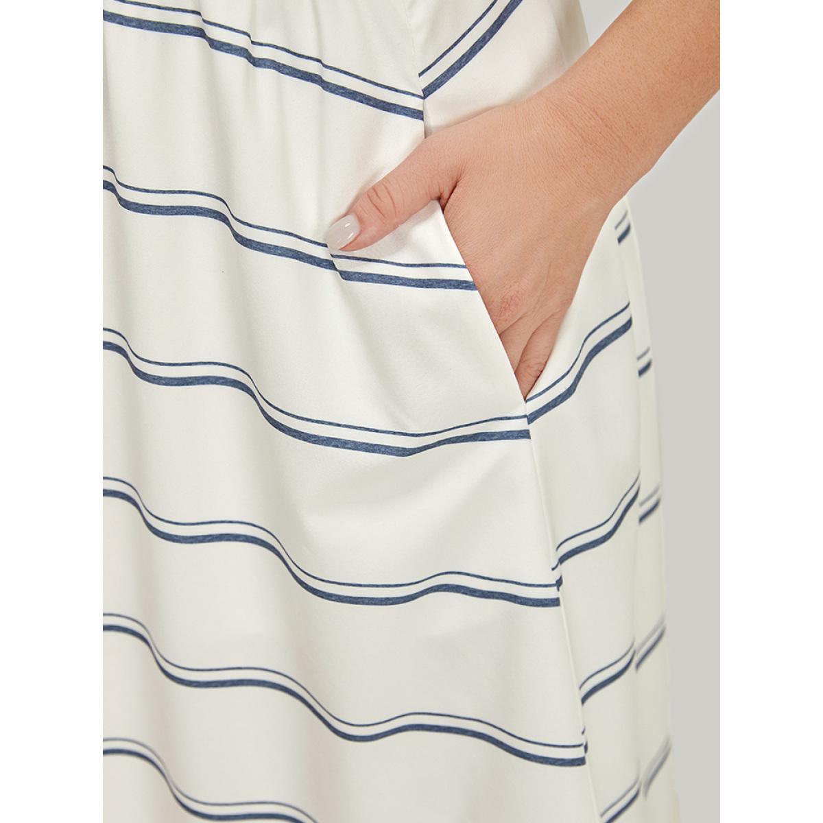 Plus Size Striped Notched Neck Pocket Roll Batwing Sleeve Dress White Women Office Lined Notched collar Short sleeve Curvy Midi Dress BloomChic 26/4X Product Image