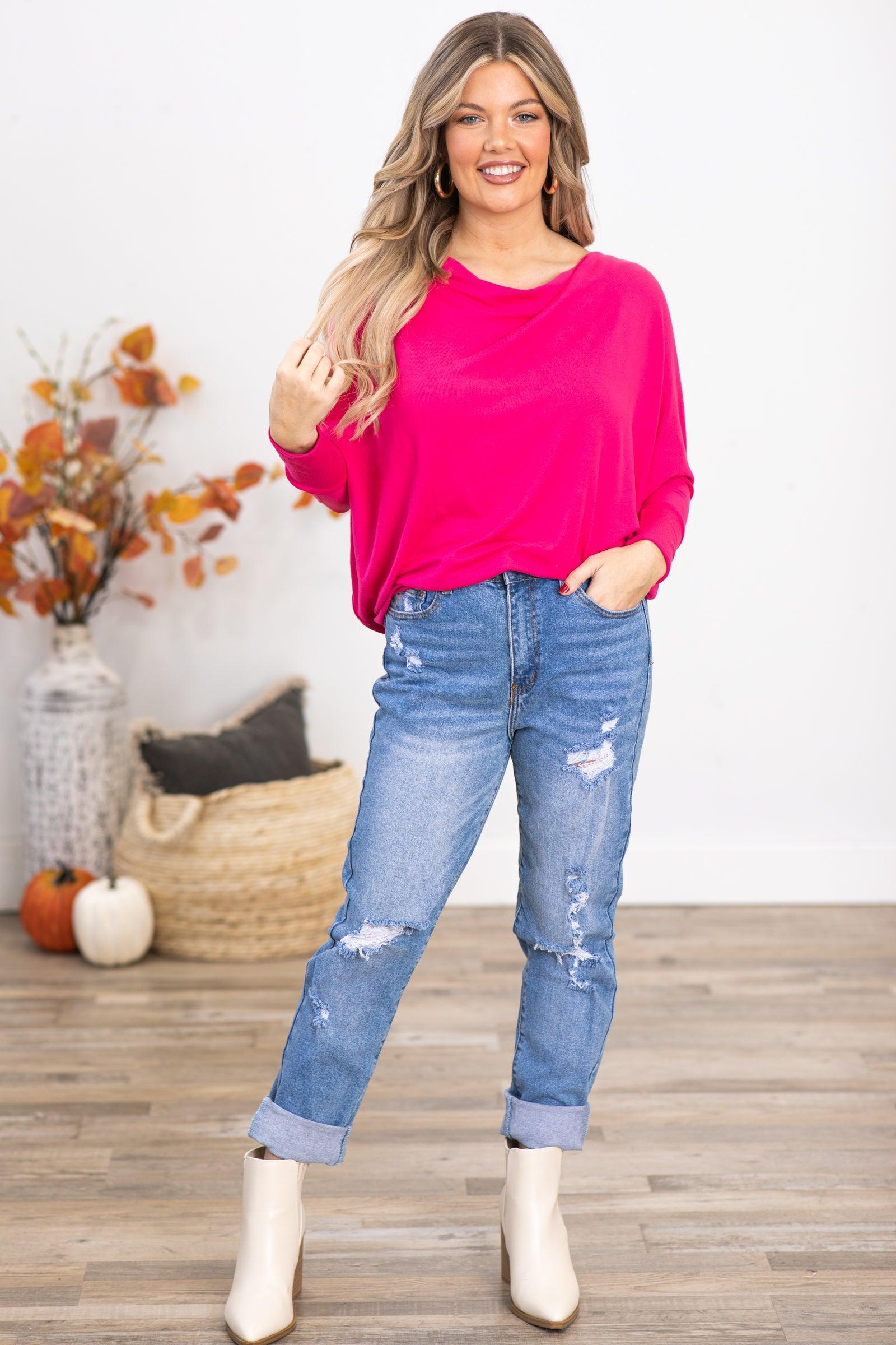 Hot Pink Cowl Neck Dolman Sleeve Top Product Image
