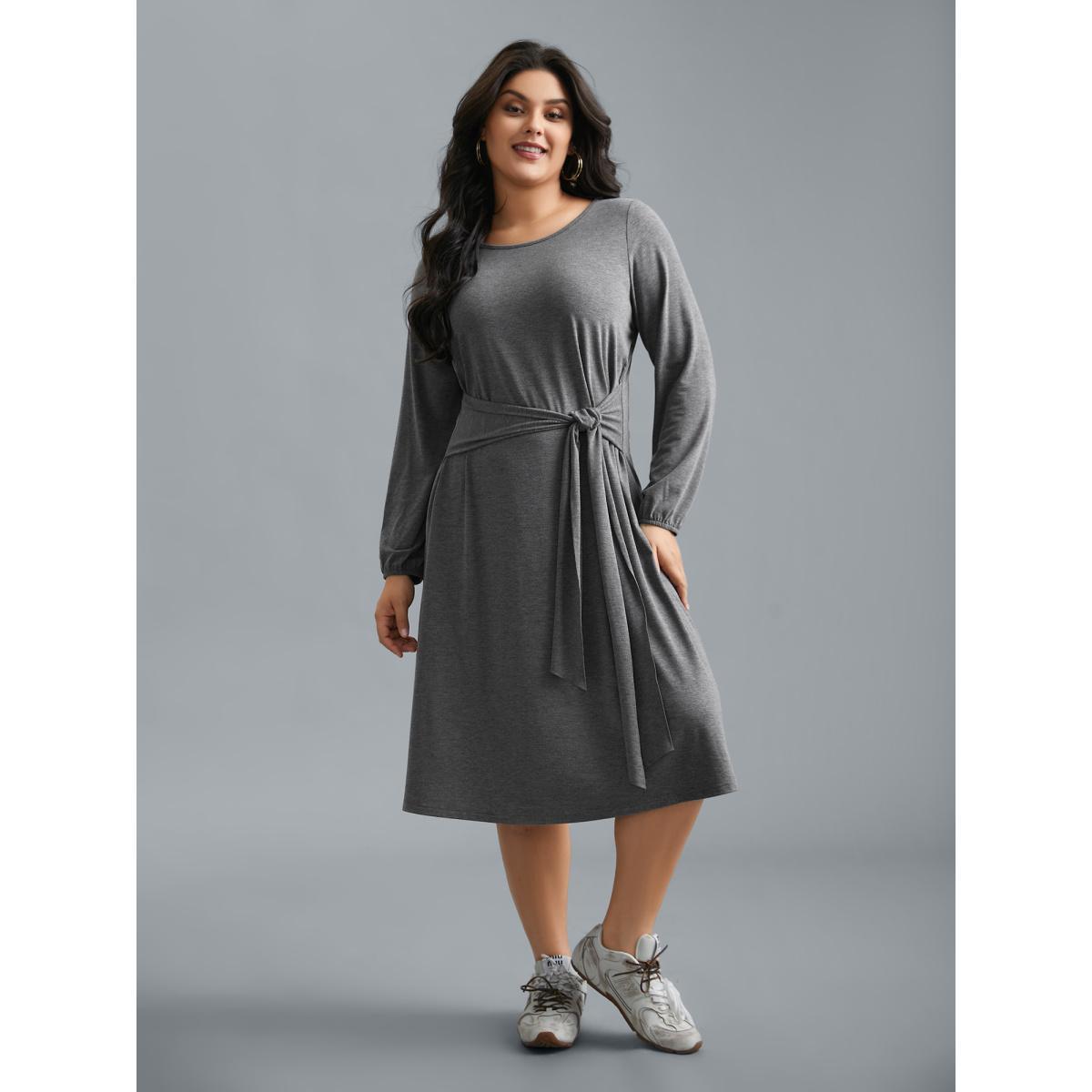 Plus Size Stretchy Waist-Tie Plain Knit Dress DimGray Women Casual Tie knot Knit Dresses Bloomchic 14-16/1X Product Image