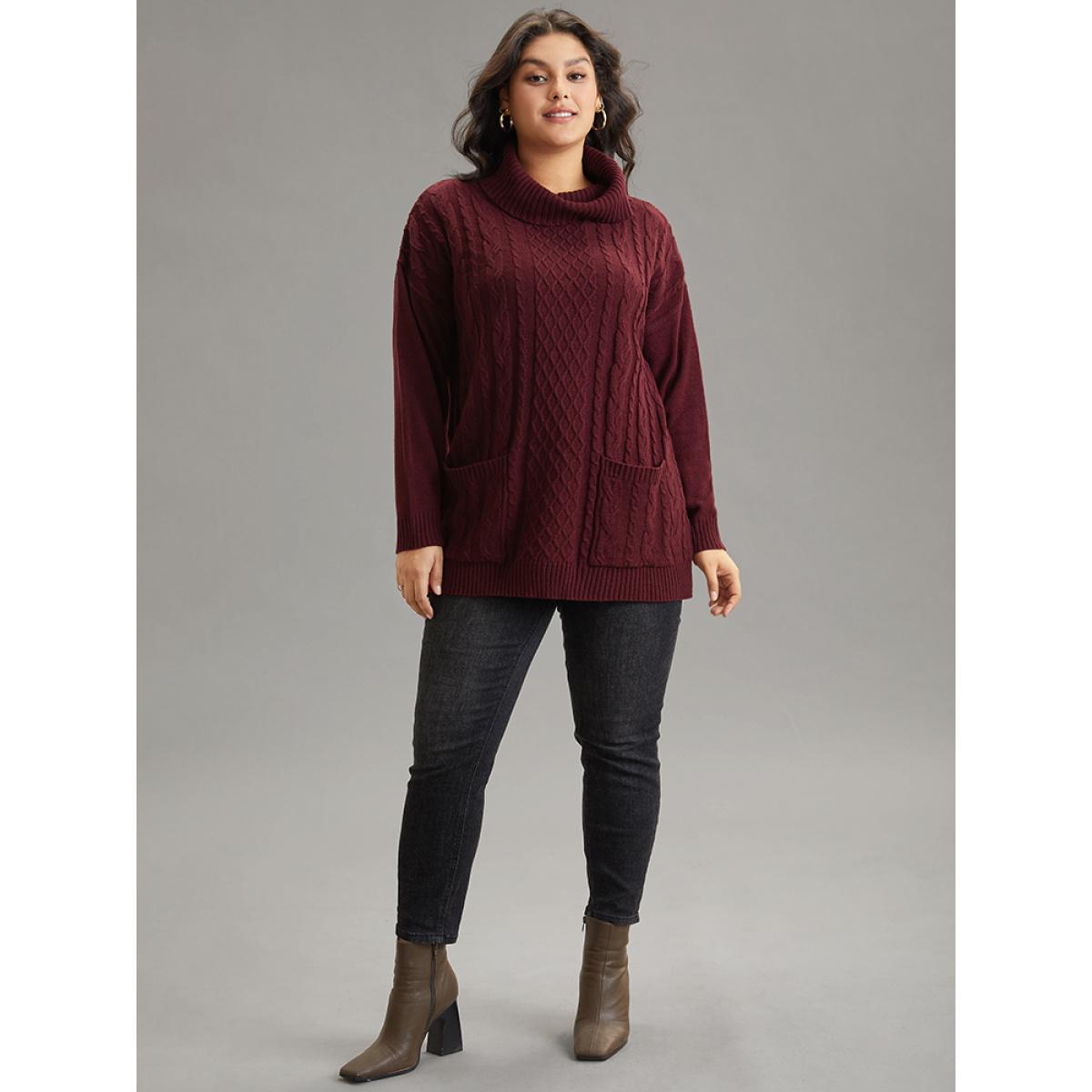 Plus Size Cable Knit Patched Pocket Turtle Neck Pullover Burgundy Women Casual Loose Long Sleeve Turtleneck Dailywear Pullovers BloomChic 14-16/1X Product Image
