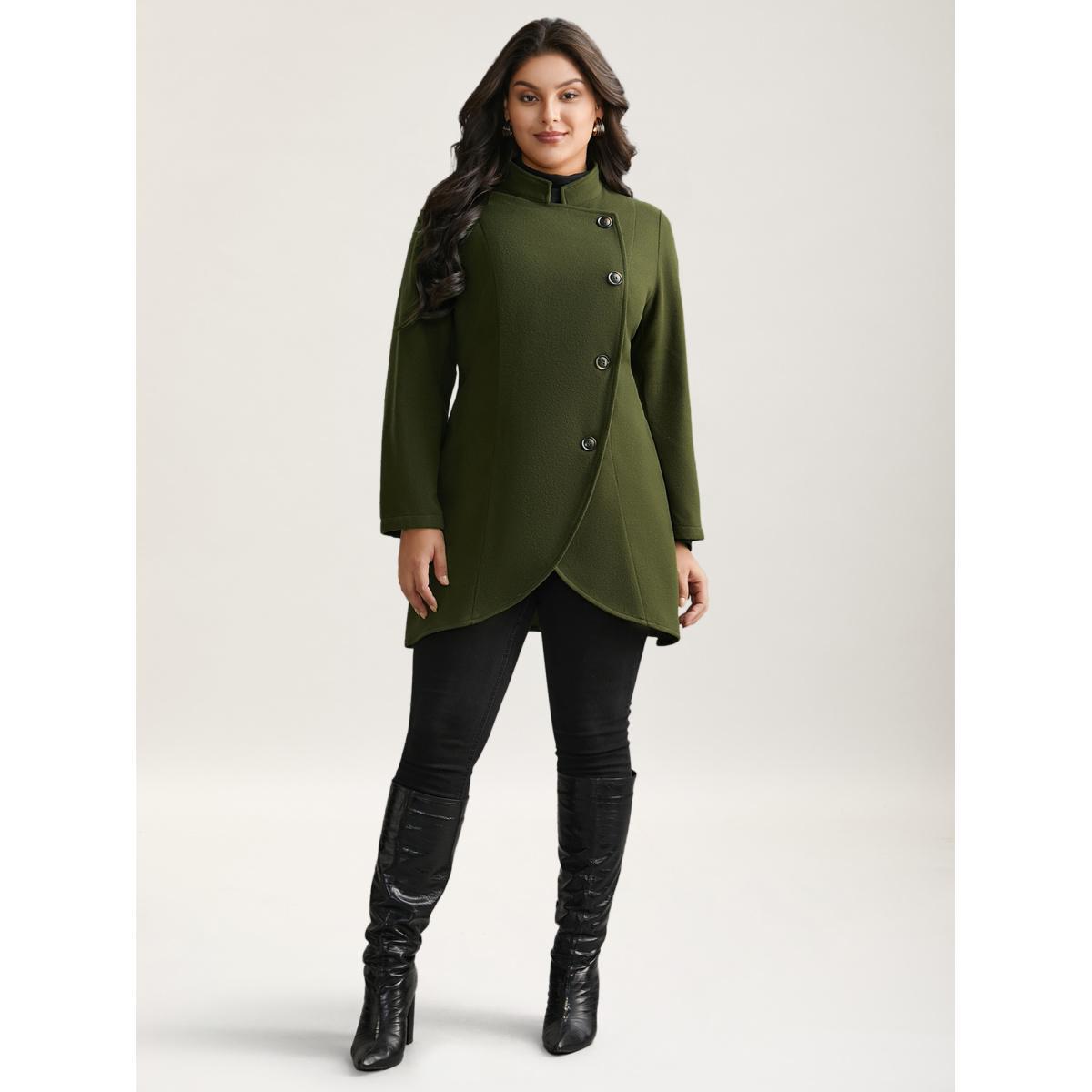 Plus Size Solid Wrap Button Up Asymmetrical Hem Coat Women ArmyGreen Elegant Button Ladies Everyday Winter Coats BloomChic 26/4X Product Image
