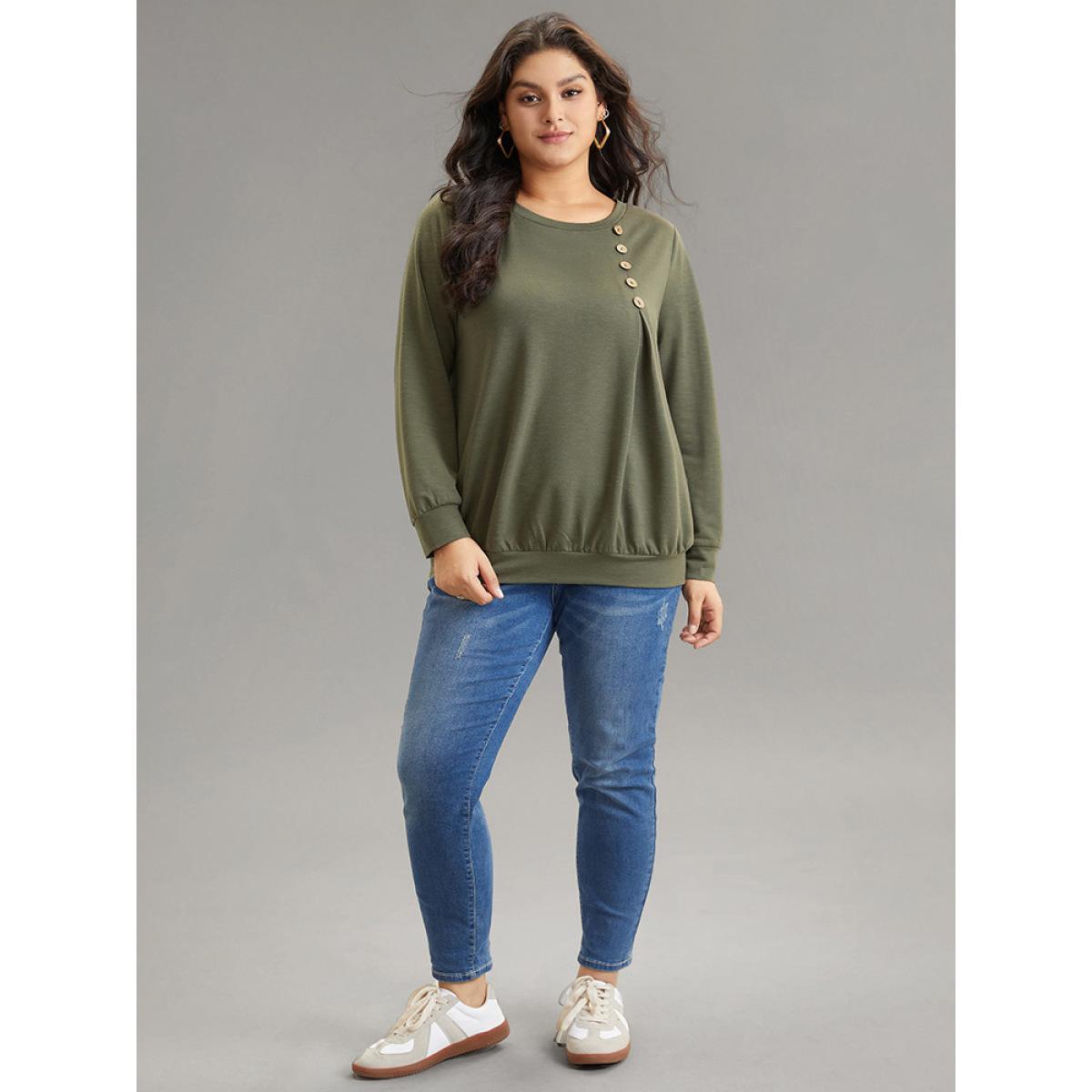 Plus Size Plain Plicated Detail Button Detail Sweatshirt Women Sage Casual Texture Round Neck Dailywear Sweatshirts BloomChic 10/M Product Image