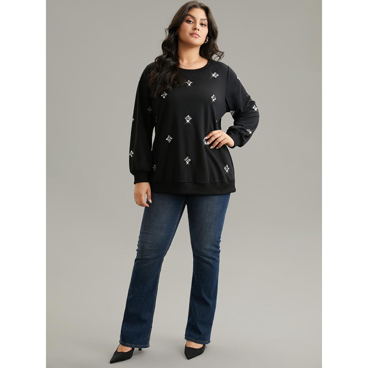 Plus Size Beaded Floral Elastic Cuffs Sweatshirt Women Black Elegant Beaded Round Neck Dailywear Sweatshirts BloomChic 10/M Product Image