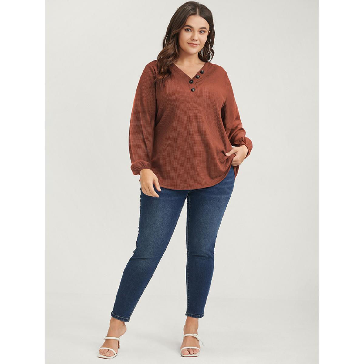 Plus Size Solid Lantern Sleeve Button V Neck Waffle Knit Long Tee Chocolate Women Casual Button Plain V-neck Dailywear T-shirts BloomChic 18-20/2X Product Image