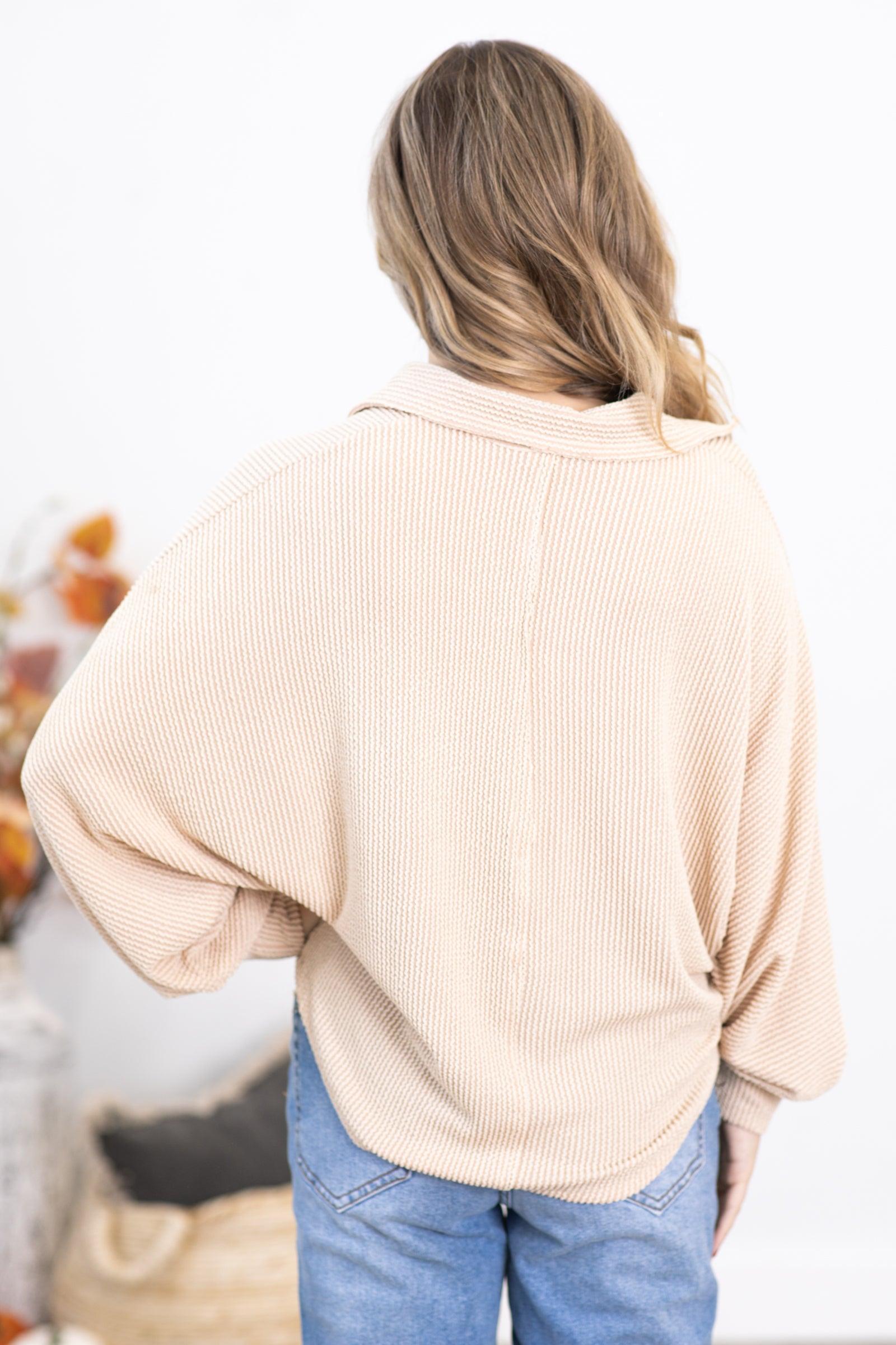 Beige Ribbed Top With Collar Product Image