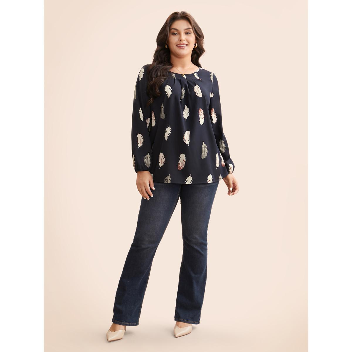 Plus Size Indigo Feather Print Pleated Slit Hem Blouse Women Elegant Extra Long Sleeve Round Neck Everyday Blouses BloomChic 14-16/1X Product Image