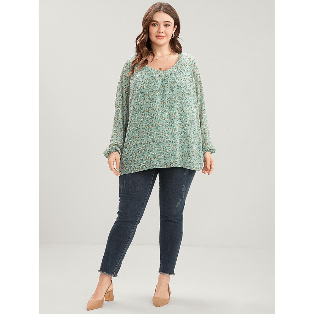 Plus Size Mint Ditsy Floral Lantern Sleeve V Neck Blouse Women Elegant Long Sleeve V-neck Dailywear Blouses BloomChic 10/M Product Image