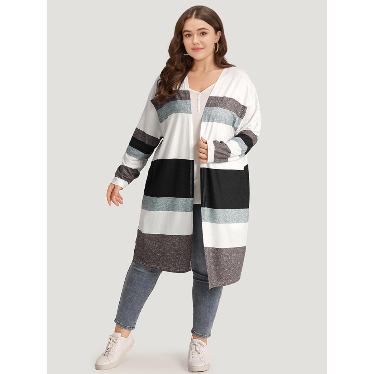 Plus Size Striped Contrast Pocket Open Front Kimono Women Multicolor Casual Contrast Loose Pocket Everyday Kimonos BloomChic 28/5X Product Image