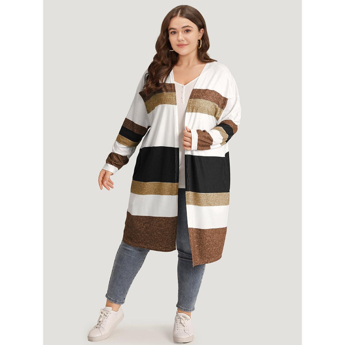 Plus Size Striped Contrast Pocket Open Front Kimono Women DarkBrown Casual Contrast Loose Pocket Everyday Kimonos BloomChic 14-16/1X Product Image