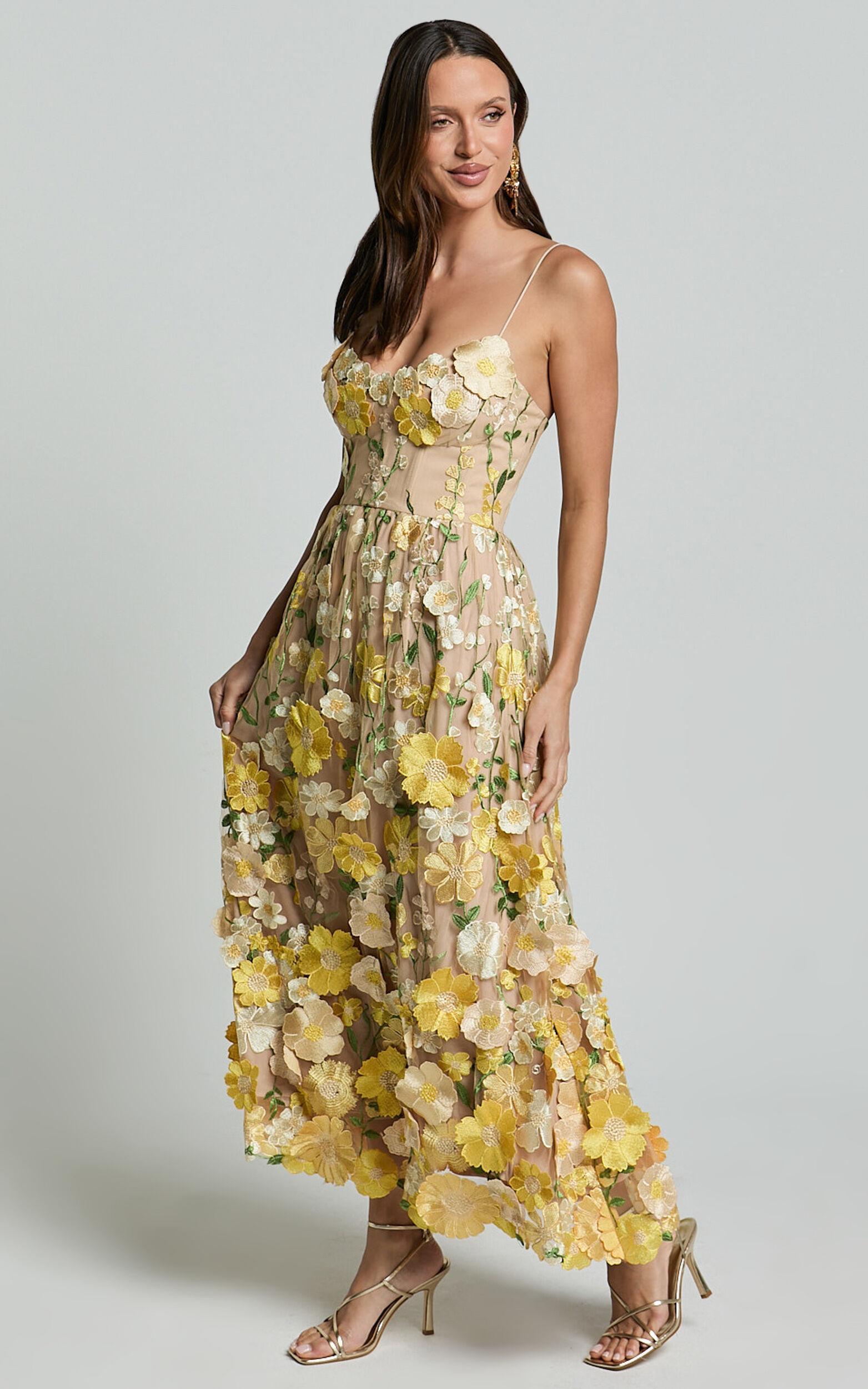 Amalie The Label - Mia Strappy Flower Detail Midi Dress in Yellow Product Image