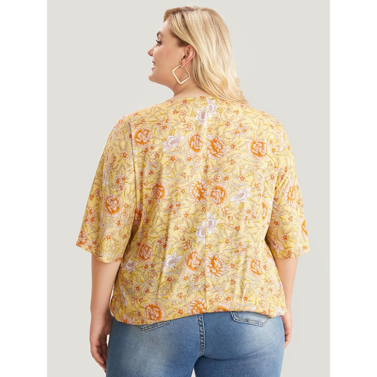 Plus Size Yellow Floral Print Surplice Neck Blouse Women Vacation Half Sleeve V-neck Dailywear Blouses BloomChic 10/M Product Image