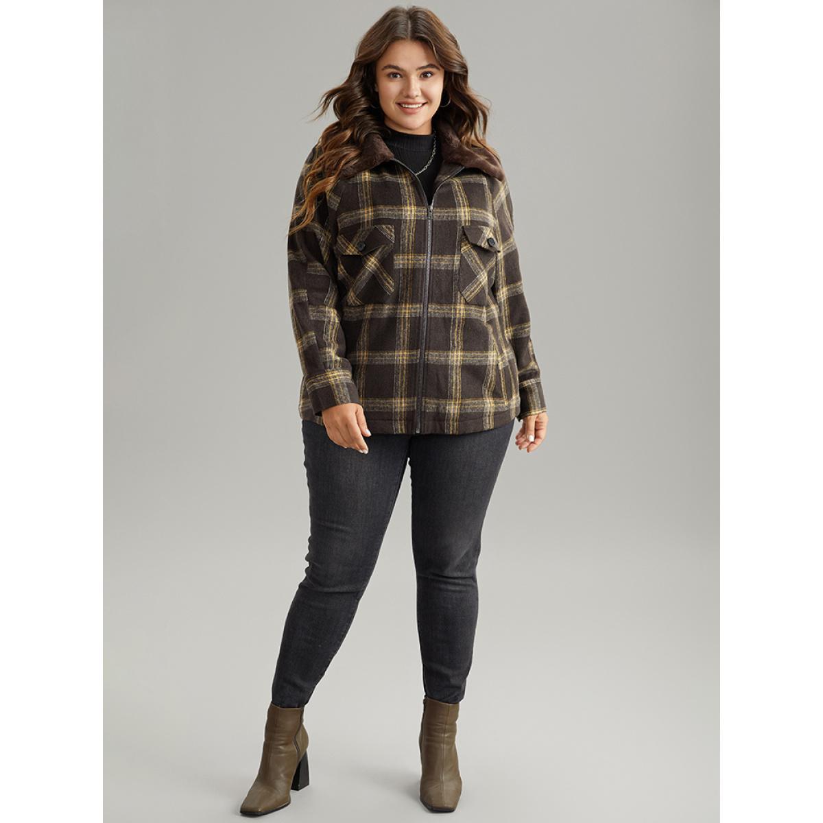 Plus Size Plaid Patchwork Fuzzy Trim Zipper Fly Coat Women DarkBrown Casual Contrast Ladies Everyday Winter Coats BloomChic 14-16/1X Product Image