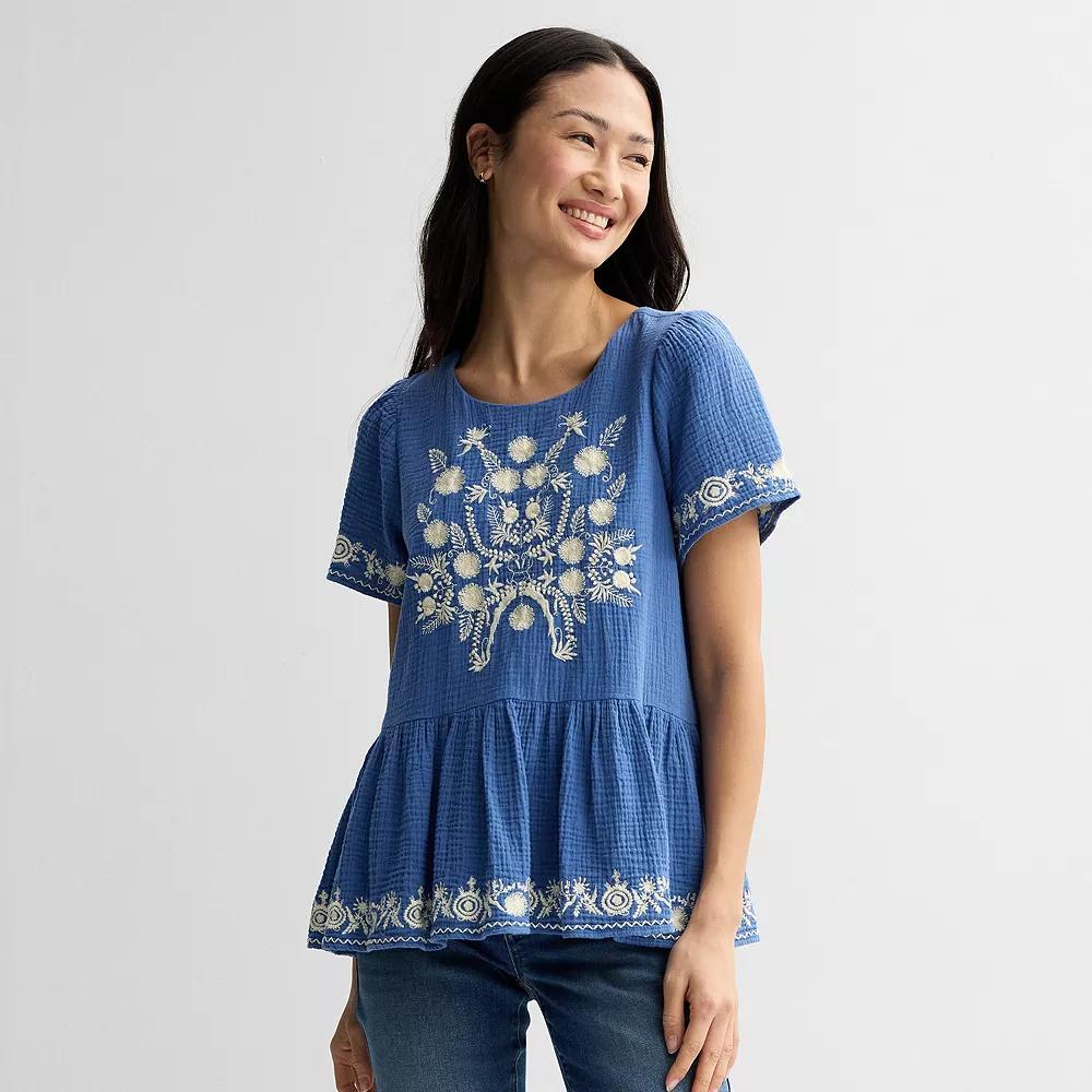 Women's Farmers Market Long Sleeve Embroidered Top, Size: Medium, Blue Ivory Product Image
