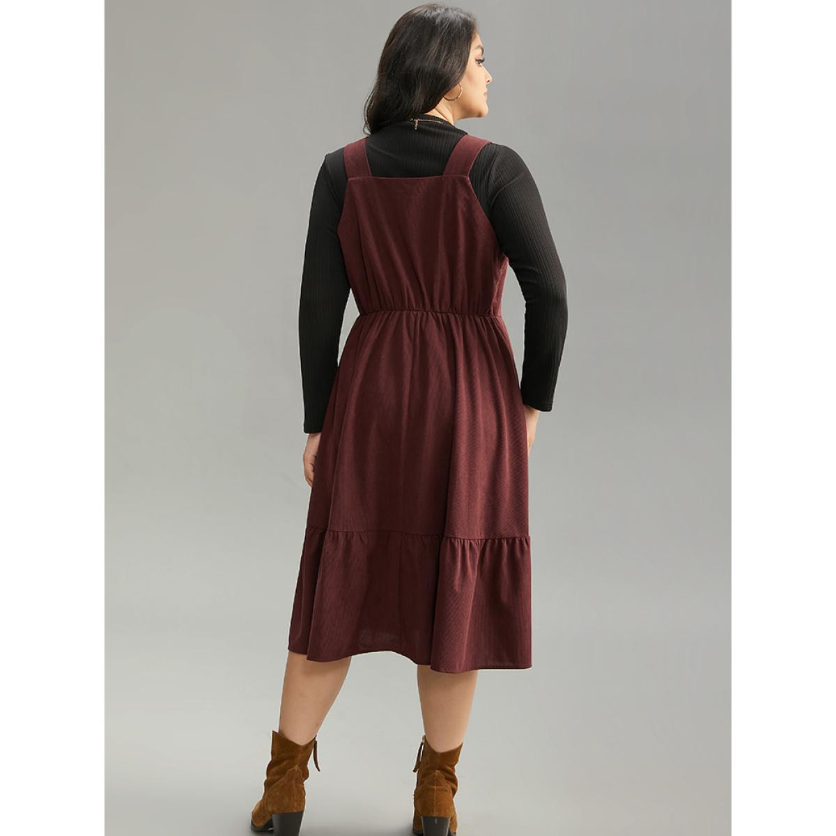 Plus Size Corduroy Button Detail Ruffles Adjustable Straps Dress Chocolate Women Casual Adjustable Straps Spaghetti Strap Sleeveless Curvy Midi Dress BloomChic 10/M Product Image