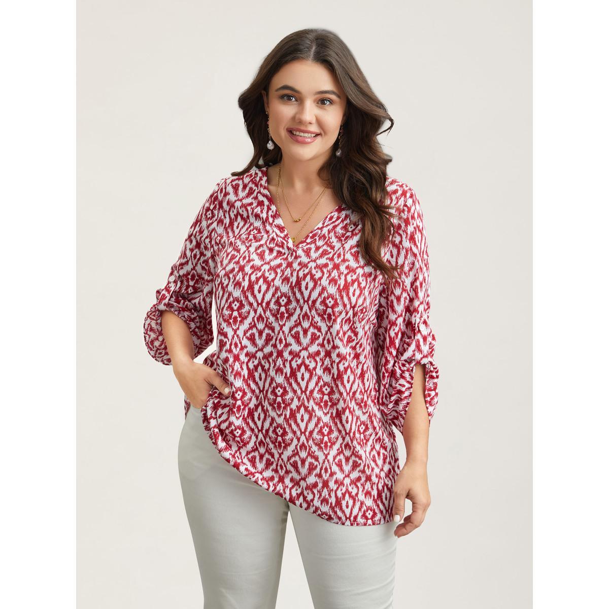 Plus Size Burgundy Geometric Print Gathered Sleeve Shirt Women Resort Elbow-length sleeve Notched collar Vacation Blouses BloomChic 18-20/2X Product Image