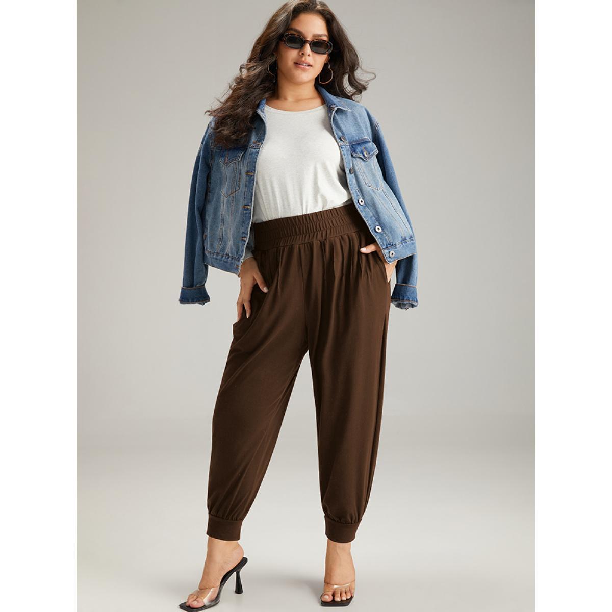 Solid Shirred Pocket Harem Sweatpants DarkBrown Plus Size Women Casual Dailywear Tummy control 22-24/3X Bloomchic Product Image