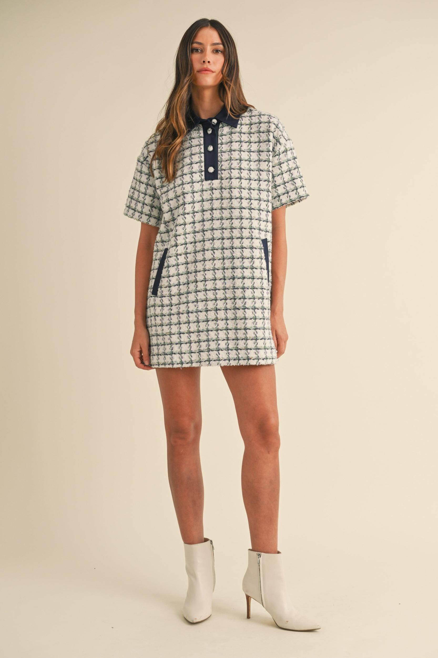 Collared Plaid Tweed Mini Dress Product Image