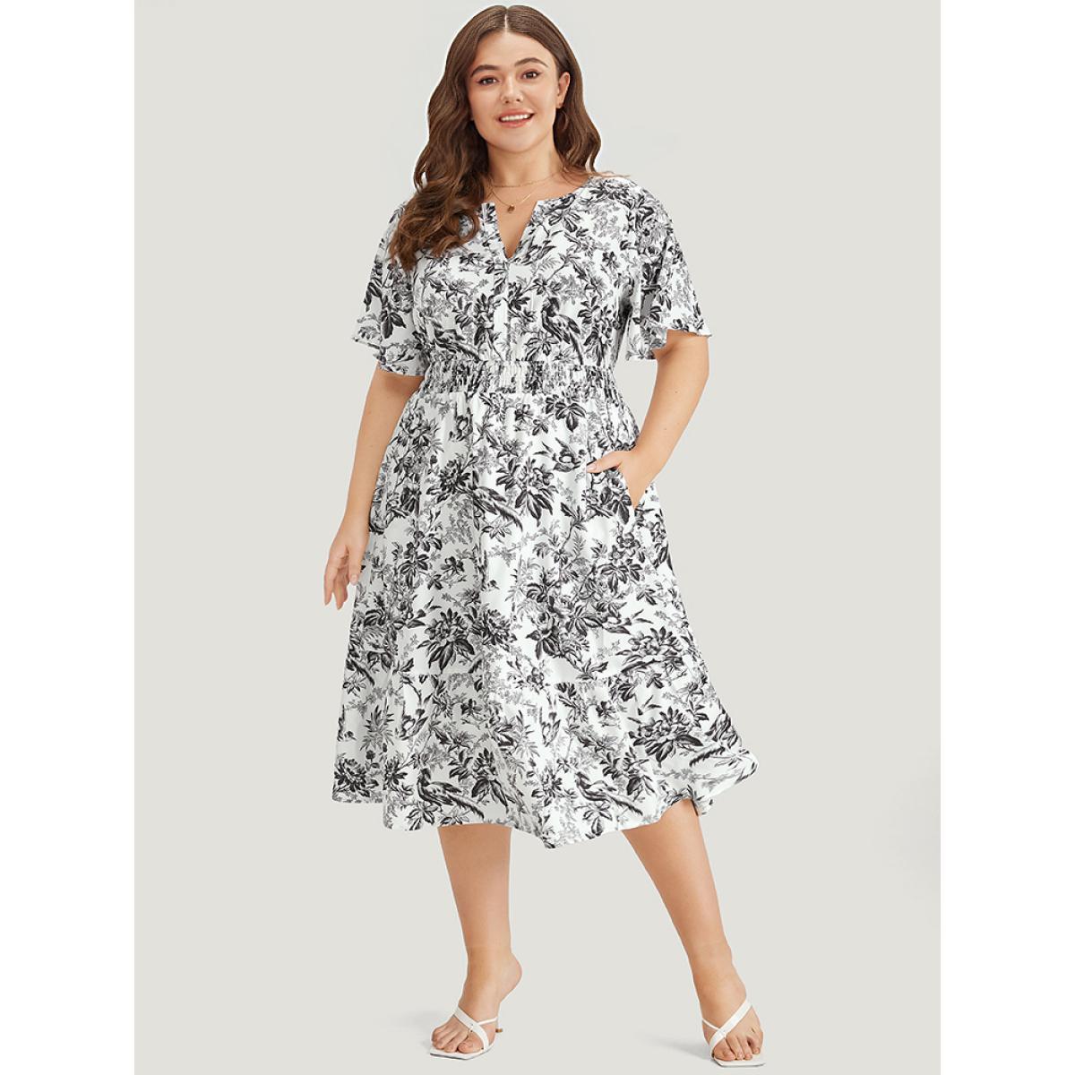 Plus Size Silhouette Floral Print Shirred Notched Pocket Ruffles Dress Black Women Elegant Shirred Notched collar Short sleeve Curvy Midi Dress BloomChic 26/4X Product Image