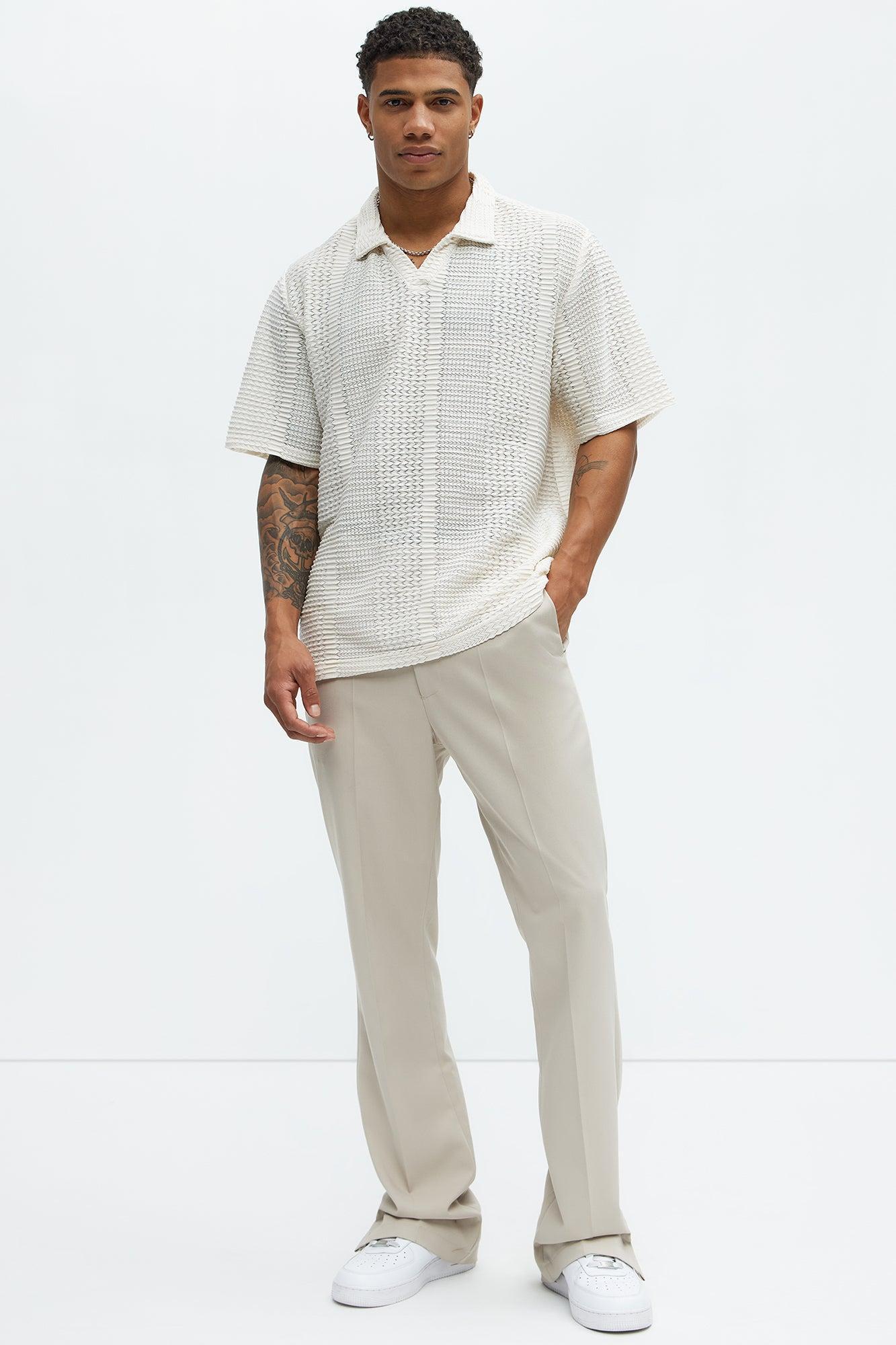 Clay Wavy Open Knit Johnny Collar Shirt - Off White Product Image