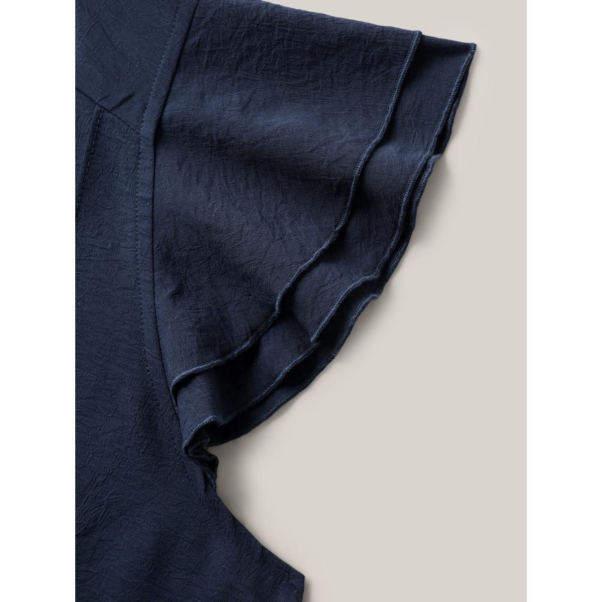 Plus Size Midnight Solid Ruffle Trim Toothpick Pleat Blouse Women Cap Sleeve Round Neck Vacation Blouses BloomChic 12/L Product Image