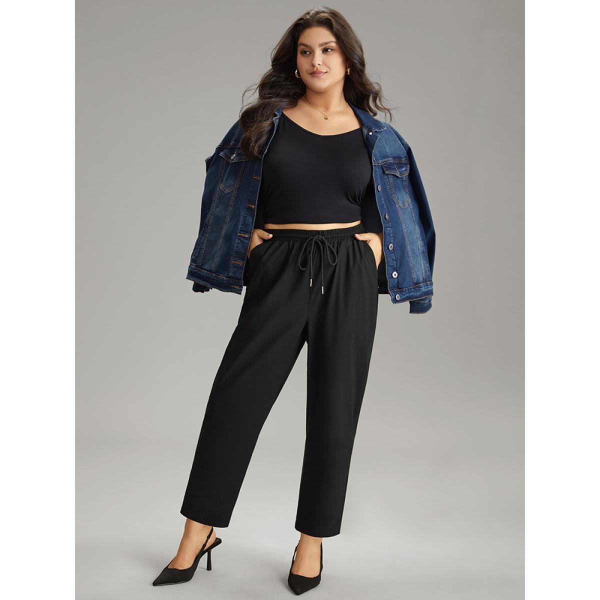 Plus Size Solid Drawstring Pocket Elastic Waist Pants Women Black Casual Straight Leg High Rise Dailywear Pants BloomChic 30/6X Product Image