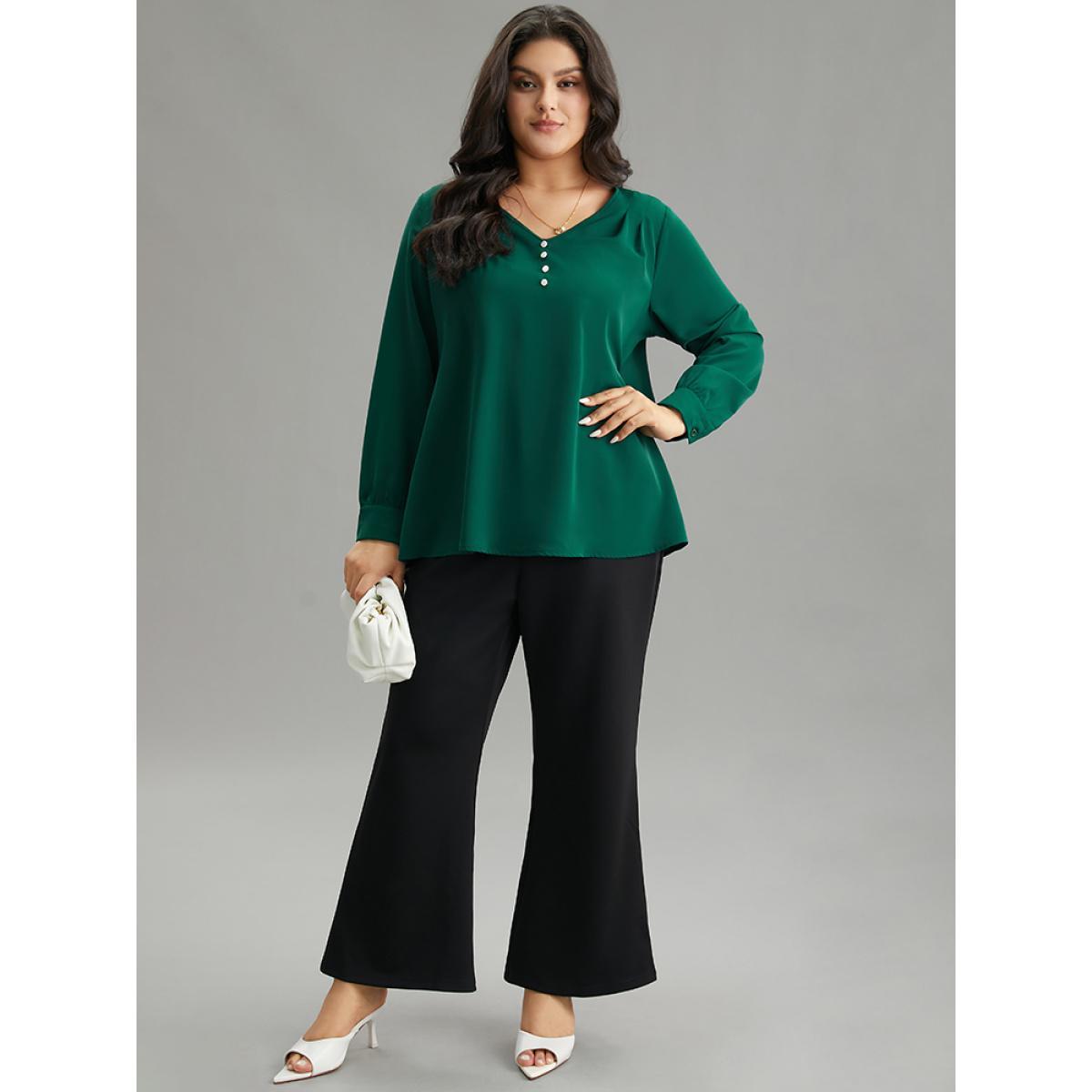 Plus Size DarkGreen Static-Free Button Detail Pleated Blouse Women Office Long Sleeve V-neck Work Blouses BloomChic 30/6X Product Image